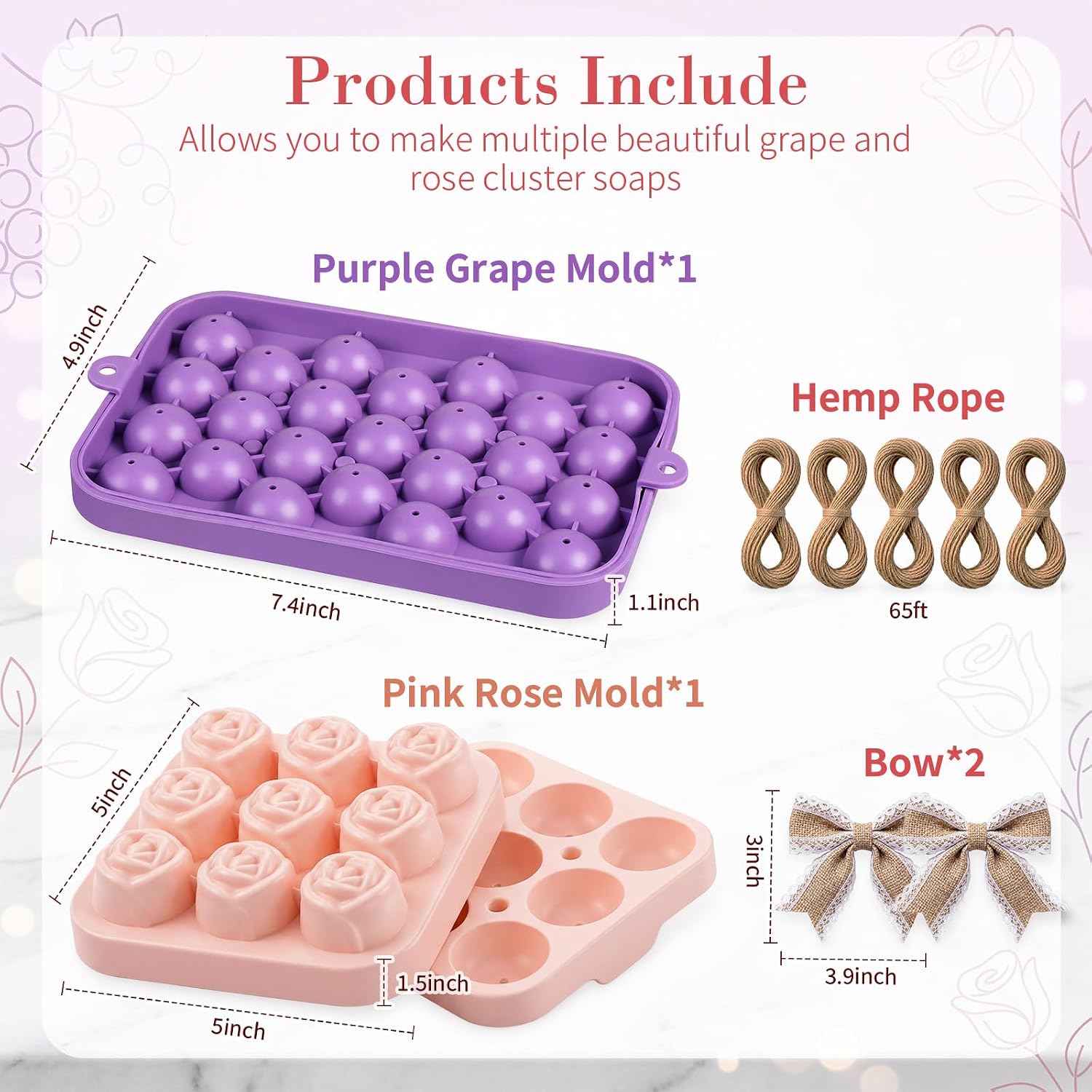 SiliFine DIY Soap Making Kit with Grape & Rose Silicone Molds, 5 Rolls Natural Jute Twine and 2 Burlap Lace Bows, Silicone Mold Set for Soap, Candle, Resin and Clay Crafts, Handmade Gift Supplies