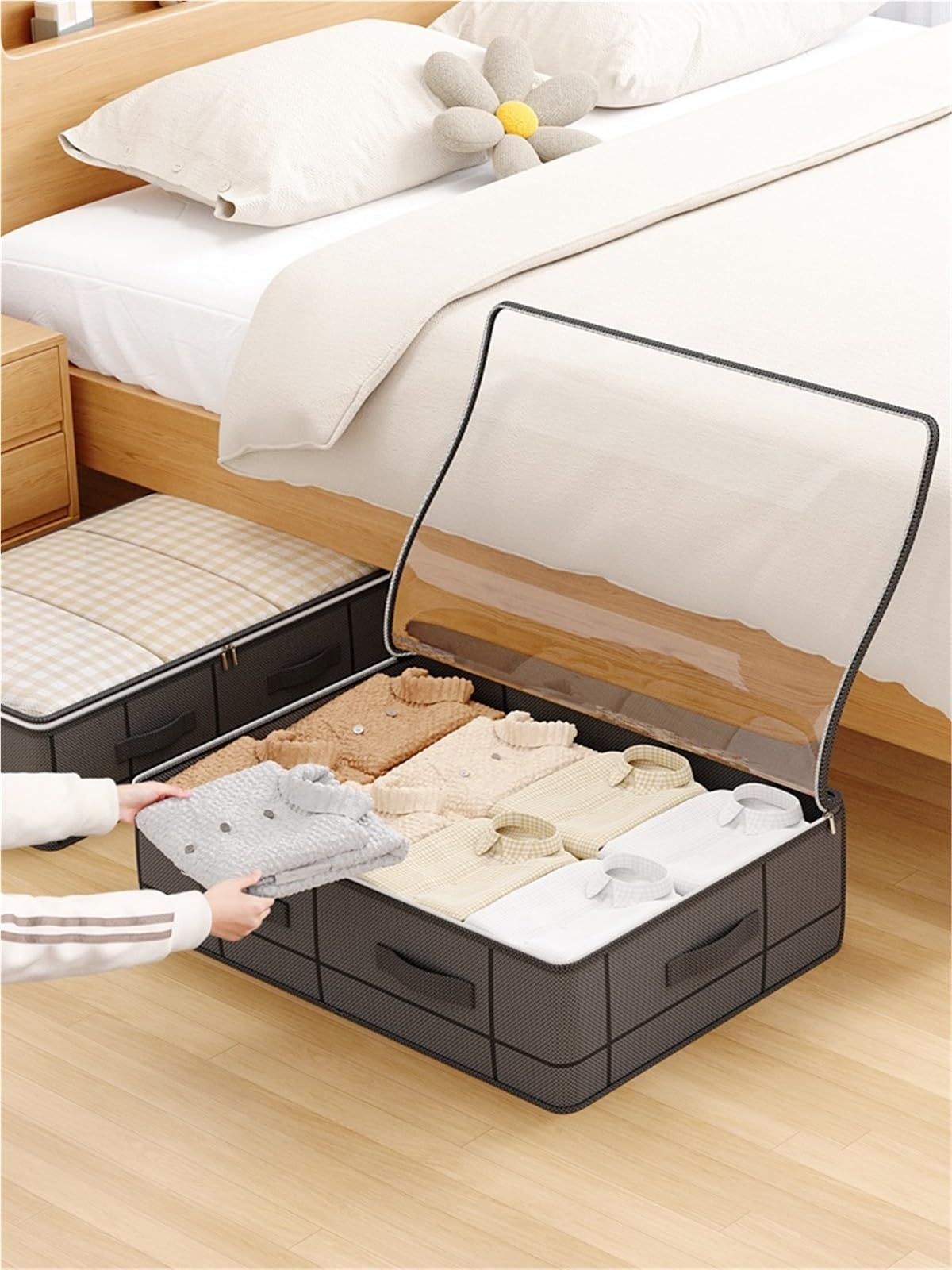 Organizador de sábanas Bolsa de almacenamiento debajo la cama alta resistencia, caja plegable con ventana transparente grande, adecuada for armarios, ropa for dormitorio(M 60x44x20 cm,2pcs)
