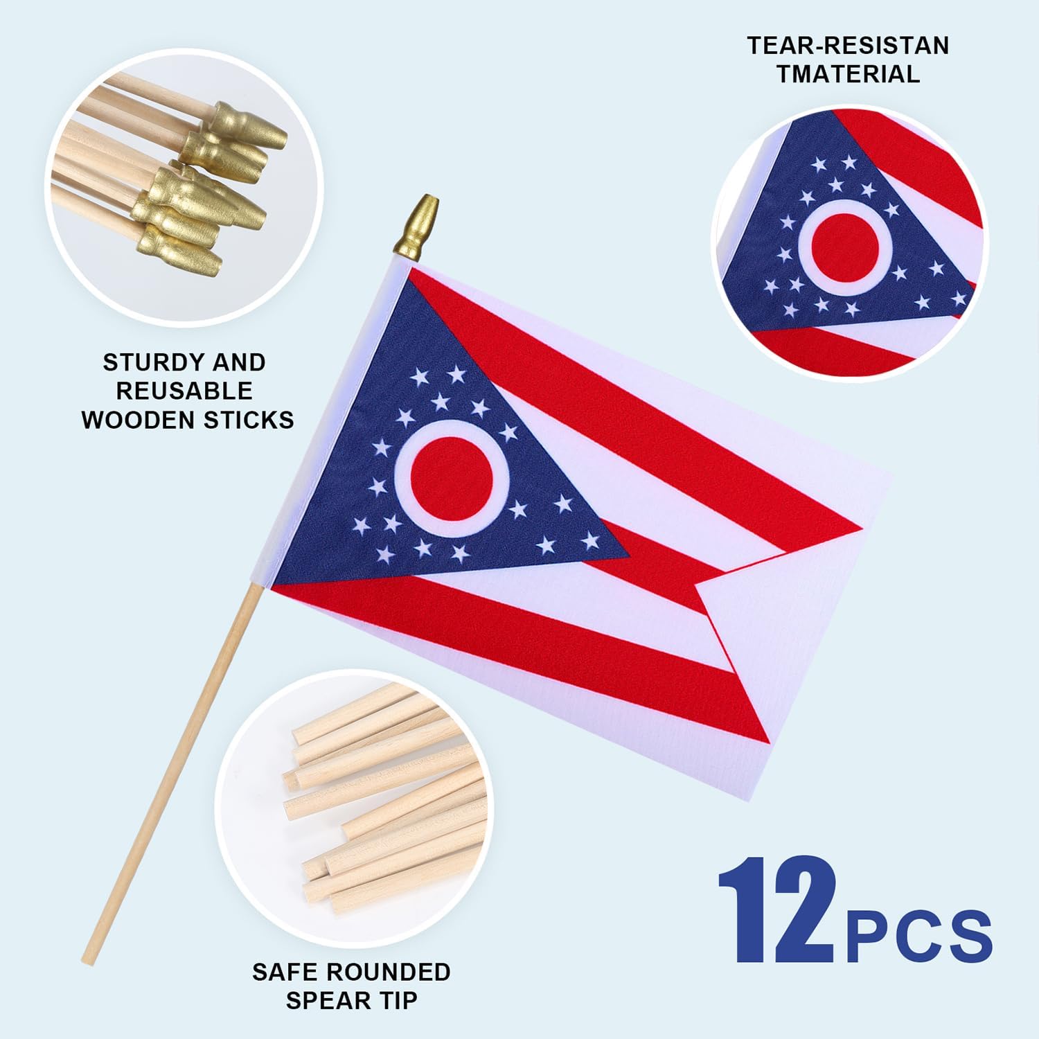 12Pcs Small American US Ohio Flags on Wooden Stick Mini USA Ohio State Flag Hand Held Flag Decorations,5x8 Inch - Image 4