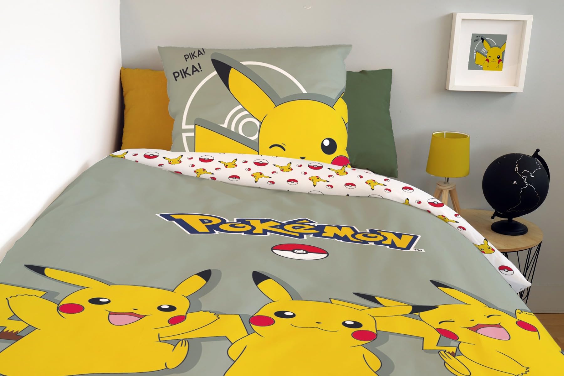 Housse De Couette Pikachu Pokémon 140x200 cm + 1 Taie d'oreiller 63x63 cm - 100% Coton - Vert Sauge