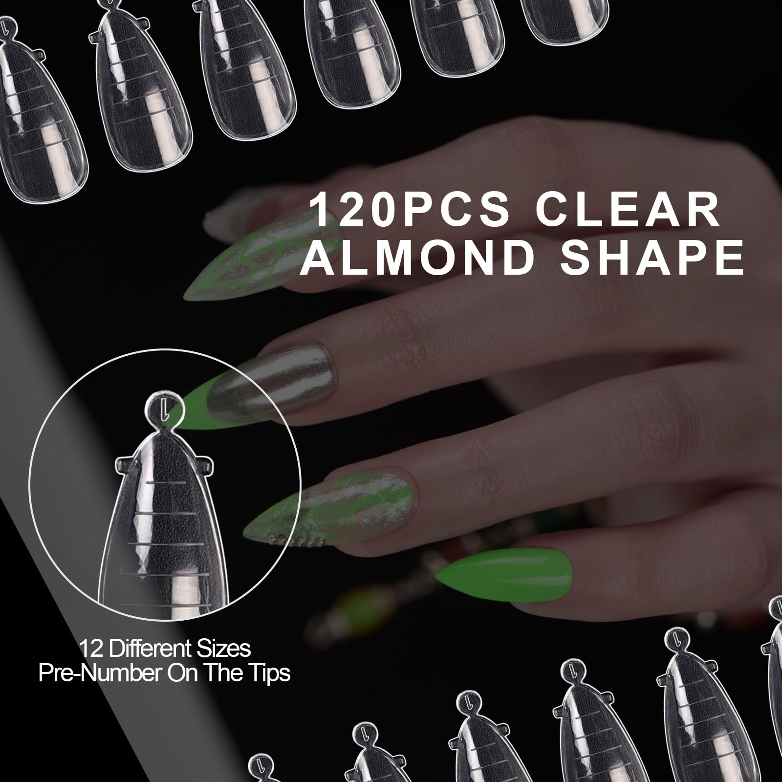 120 formine doppie per unghie in gel di estensione per unghie, copertura completa, 12 misure, mandorla trasparente, per gel solido, colla, nail art, design per casa e salone