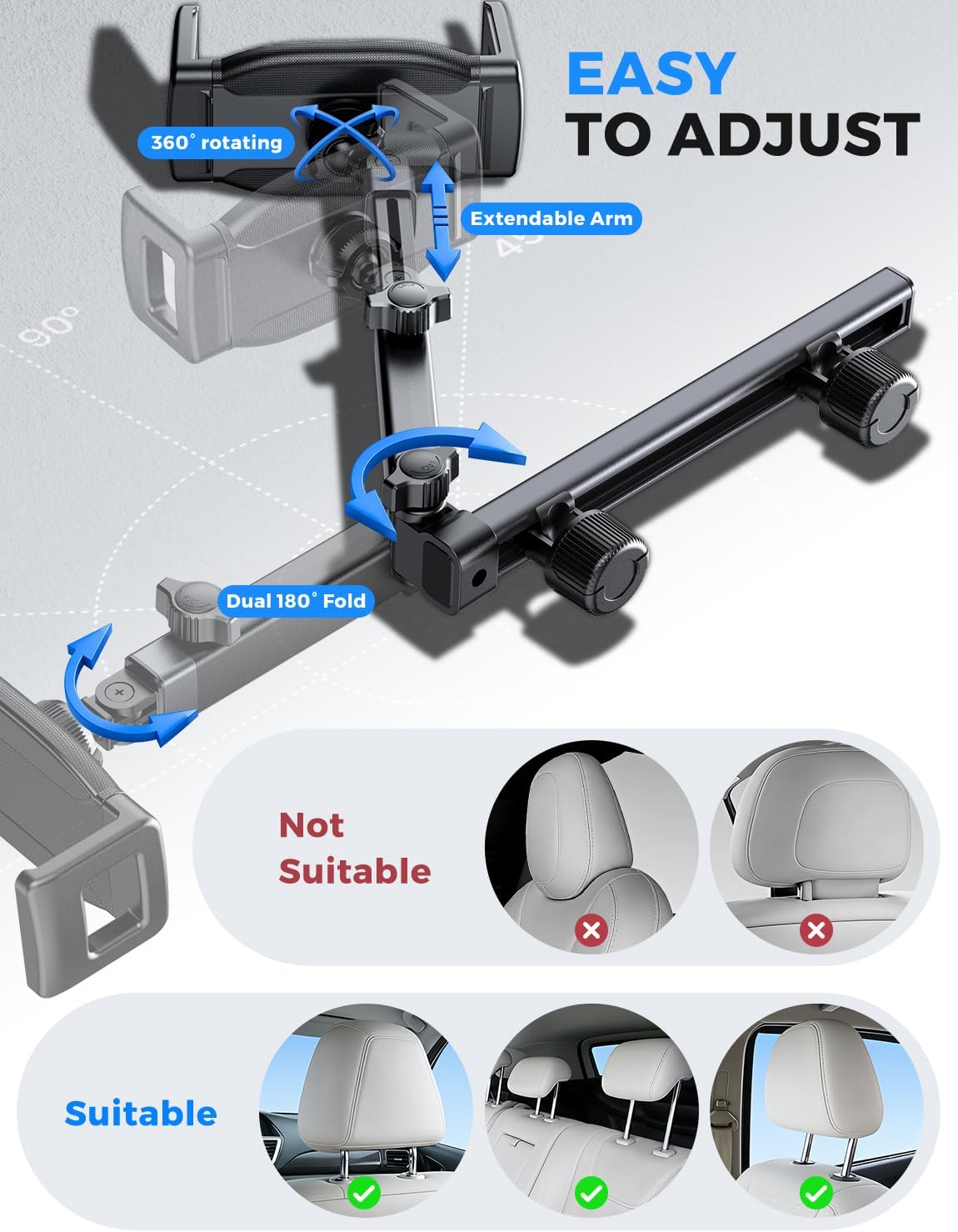 eSamcore iPad Holder for Car Backseat Kids, Headrest Tablet Car Mount | 3 in 1 Extension Arm, Dual 180° Fold, 360° Rotating, 1.57" Deep Clamp, Fits 5”-11.9” Phone & Tablets, Car Accessories for Mom