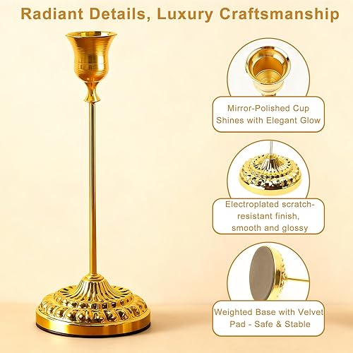 Miniatura 3 de BEAHOT Juego de 6 portavelas cónicos de metal dorado, elegantes portavelas antideslizantes decorativos con apagador de velas a juego, para centro de