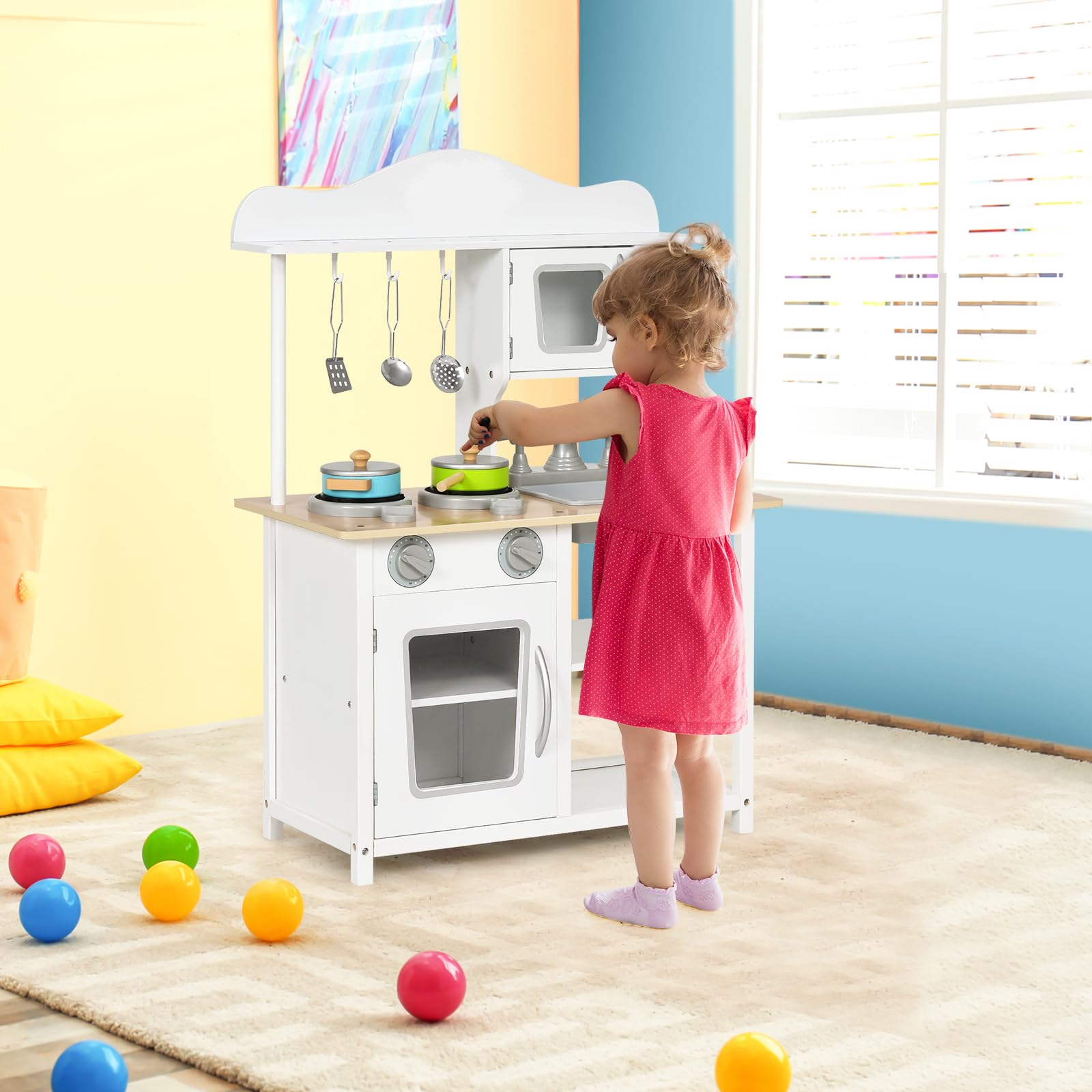 HOMASIS Kinderküche Holz, Kinder Spielküche mit Zubehör, Spielzeugküche mit Spüle Herd Backofen Mikrowelle, Holzküche Küchenspielset Miniküche für Kinder ab 3 Jahre, Weiß, 60x30x83 cm