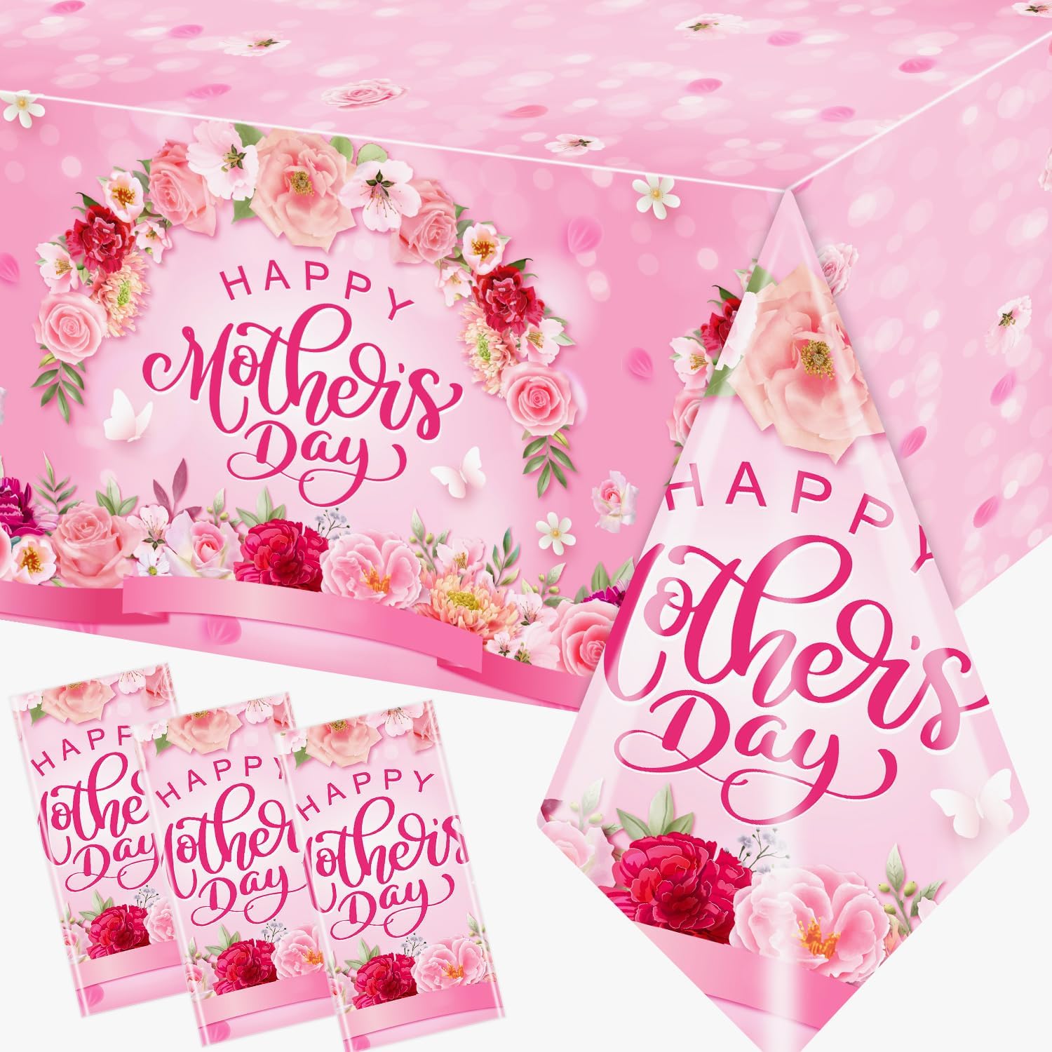 GREHUMOR 3Pack Happy Mothers Day Tablecloth Mother's Day Party Decoration Pink Rose Flowers Mothers Day Large Disposable Rectangle Waterproof Table Covers for Outdoor Party Table Supplies
