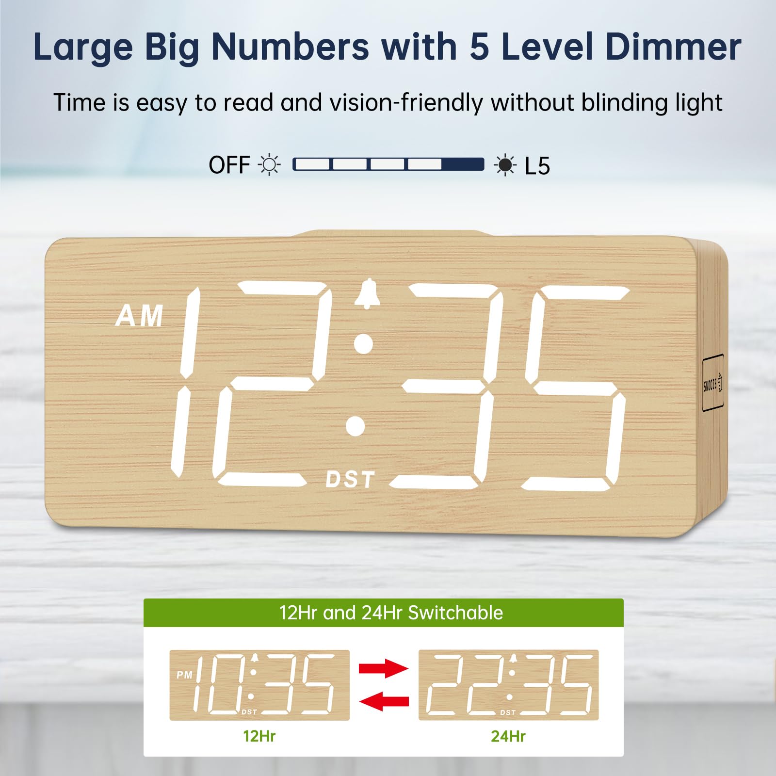 DreamSky Reloj despertador digital de madera con carga inalámbrica para dormitorio | Reloj de mesita de noche con estación de carga, puerto USB, números grandes, volumen ajustable, regulador de brillo, DST