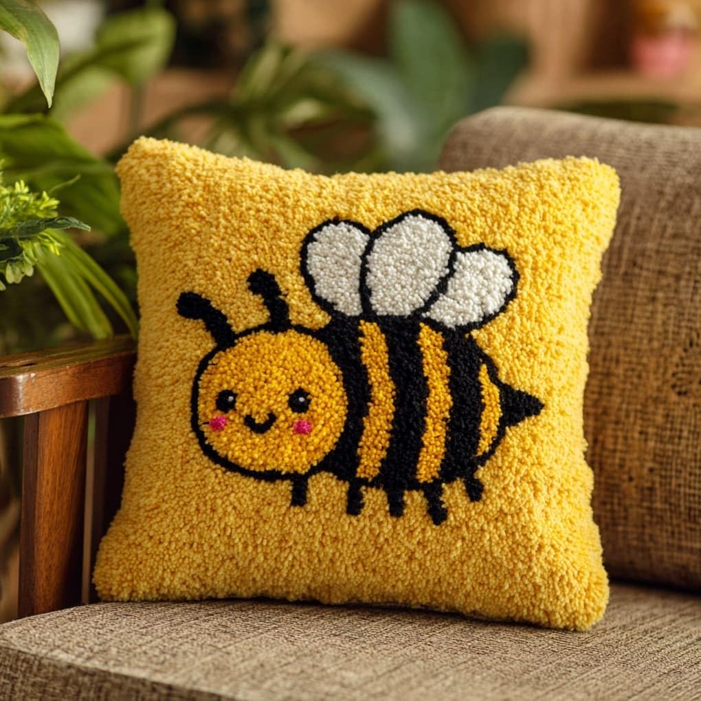 AxiangziK Latch Hook Cushion Kit,Bee DIY Embroidery Pillow Cover 43X43Cm