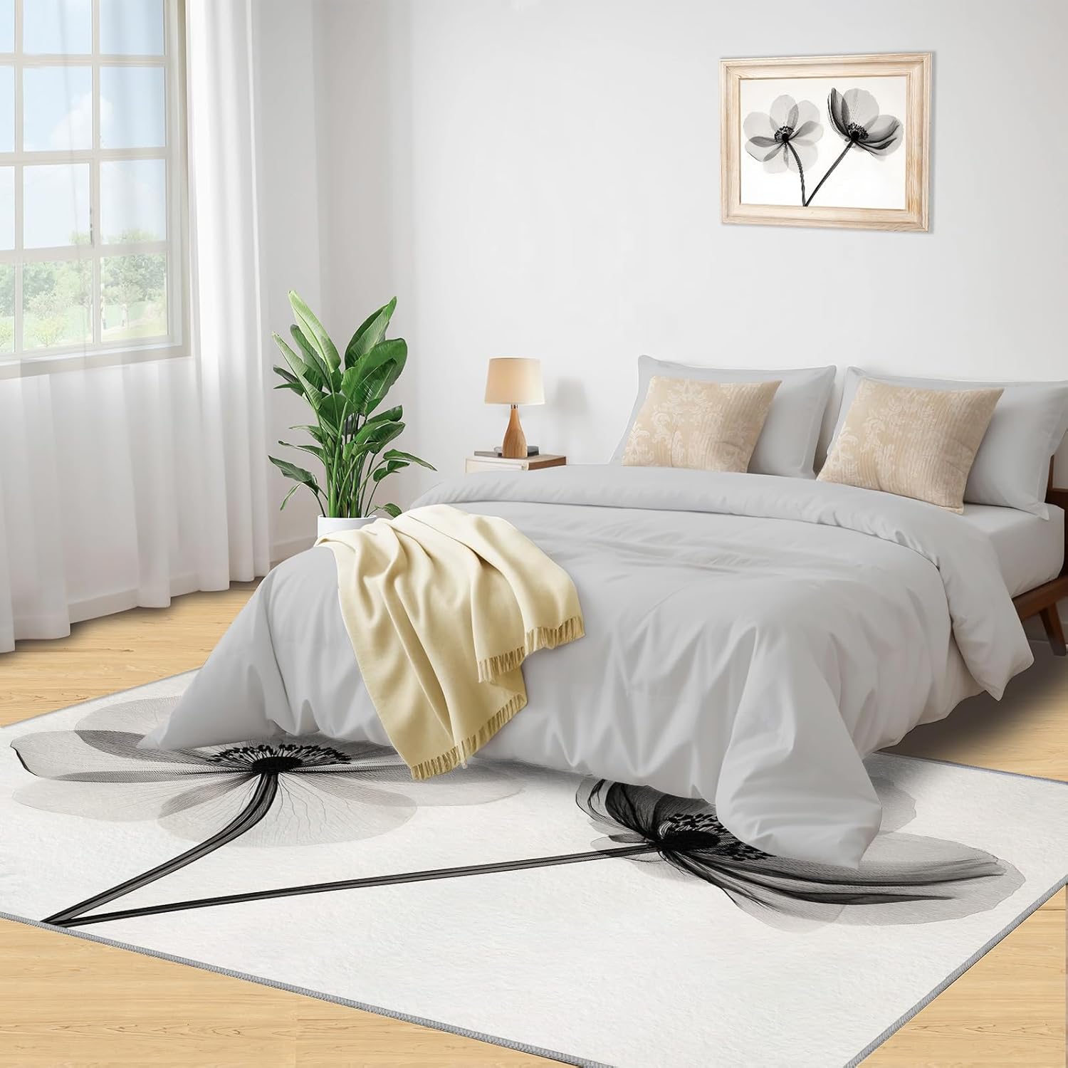 Translucent Flowers Rugs for Bedroom, Black and White Flower Area Rug, Floral Print Rugs for Living Room, Indoor Non-Slip Rug, Machine Washable Carpet for Front Entrance Floor Decor 2x3ft