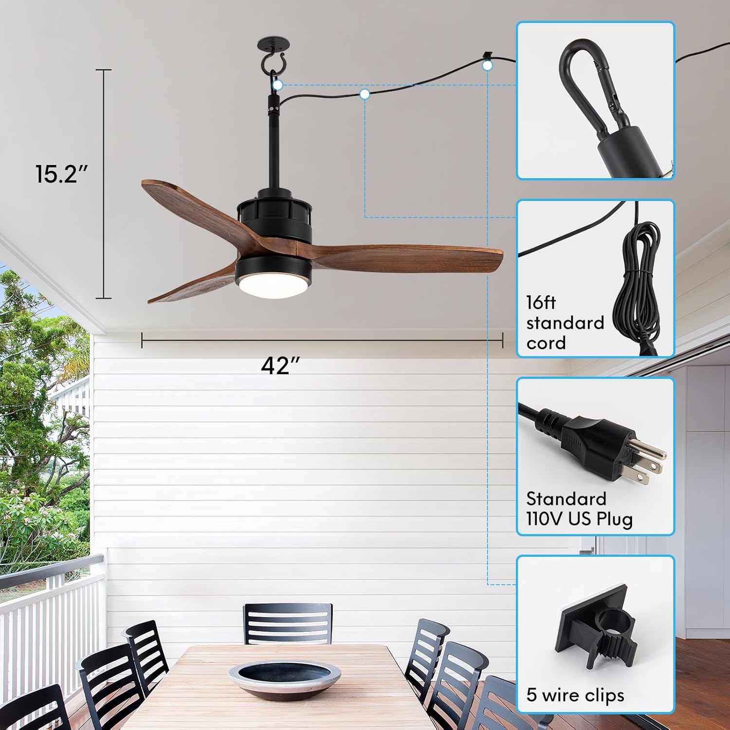 EKIZNSN 42“ Waterproof Outdoor Ceiling Fan for Gazebo with Hook - Damp Rated Hanging Fan with Light
