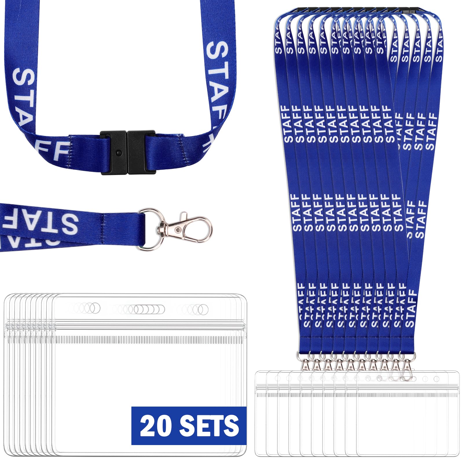 20 Pack Blue Staff Lanyards with 20 ID Card Holders Breakaway Safety Neck Lanyard with Waterproof Clear Badge Holder Bulk ID Holders for Events Office Workplaces