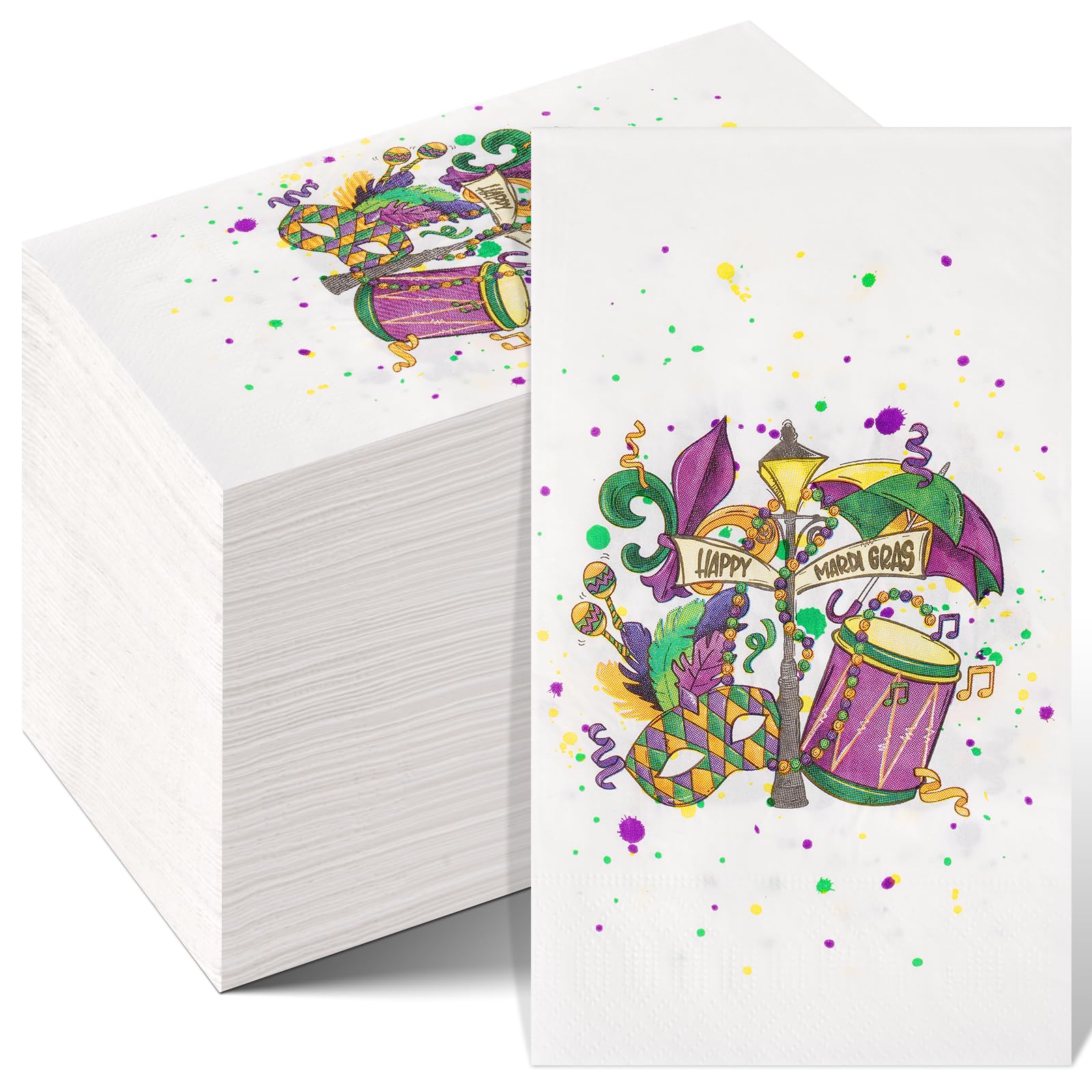 100 Pcs Happy Mardi Gras Napkins Decorations,Purple Yellow Green Mask Fleur De Lis Disposable Dinner Napkins Carnival Masquerade Paper Napkins Guest