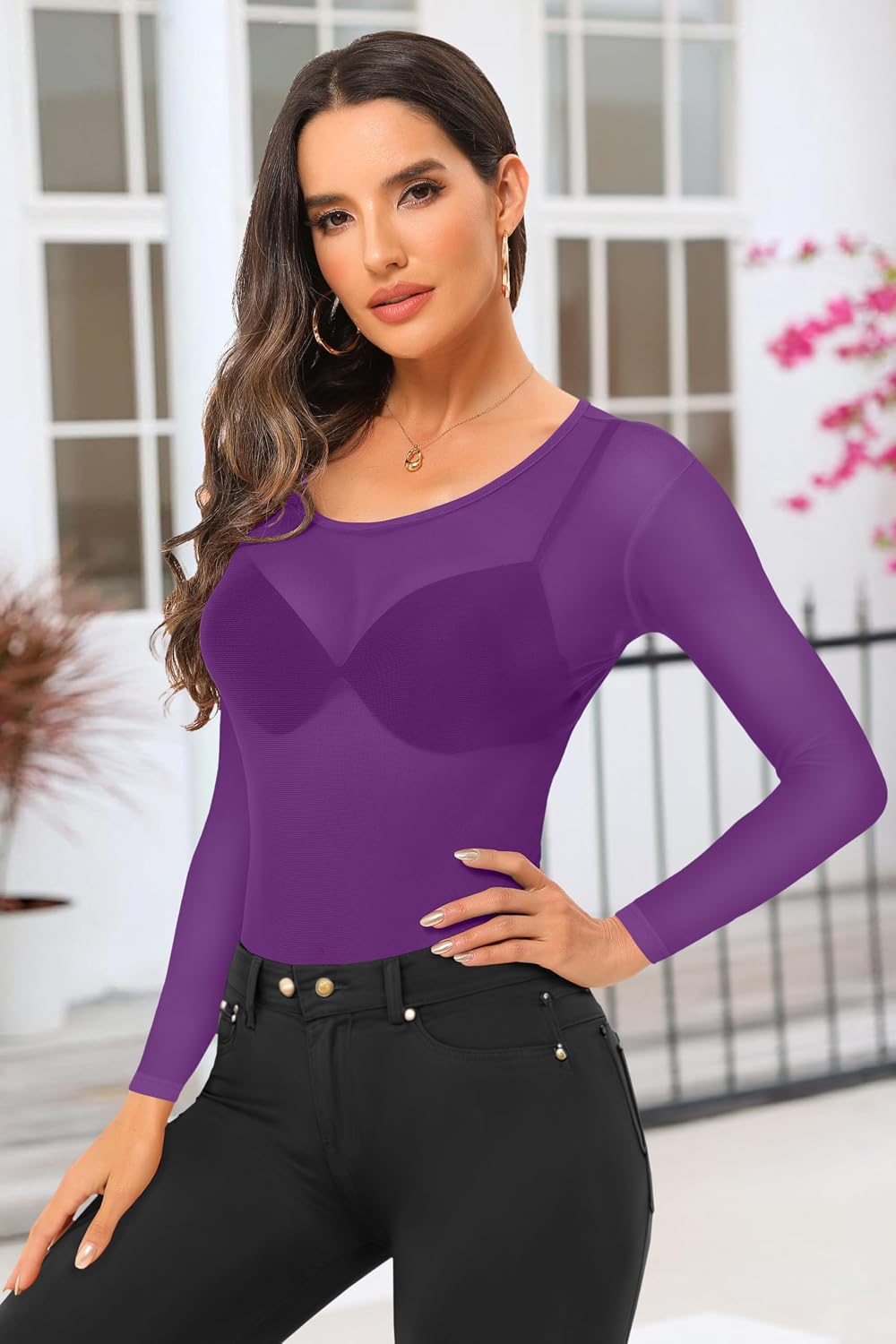 ZNVGIRL Womens Mesh Bodysuit Long Sleeve Top Crew Neck Sheer T Shirt Body Suit Leotard Blouse
