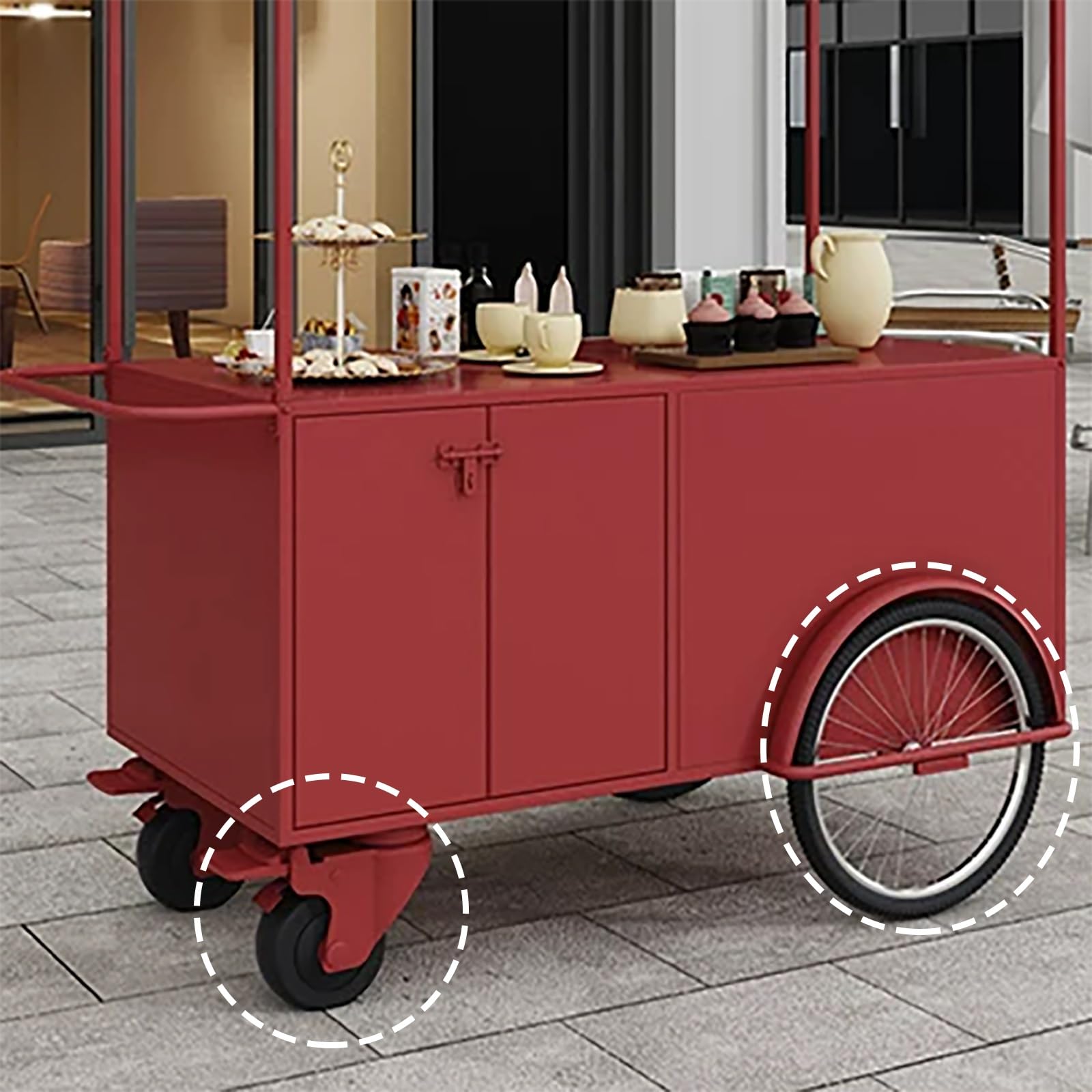 Professioneller Verkaufswagen, Mobiler Imbisswagen mit Gestreiftem Vordach, Verkaufsstand mit Ausstellungsfläche, Mehrstöckiges Regal, für Märkte, Veranstaltungen, Cafés(White)