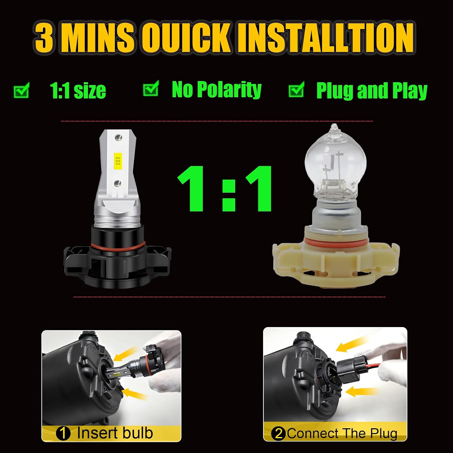 LEDYOTR 2504 PSX24W LED Fog Light Bulbs or DRL 10000LM Super Bright 6000K Xenon White 12276 Fog Lights Bulb Replacement for Cars, Play and Plug (Pack of 2)