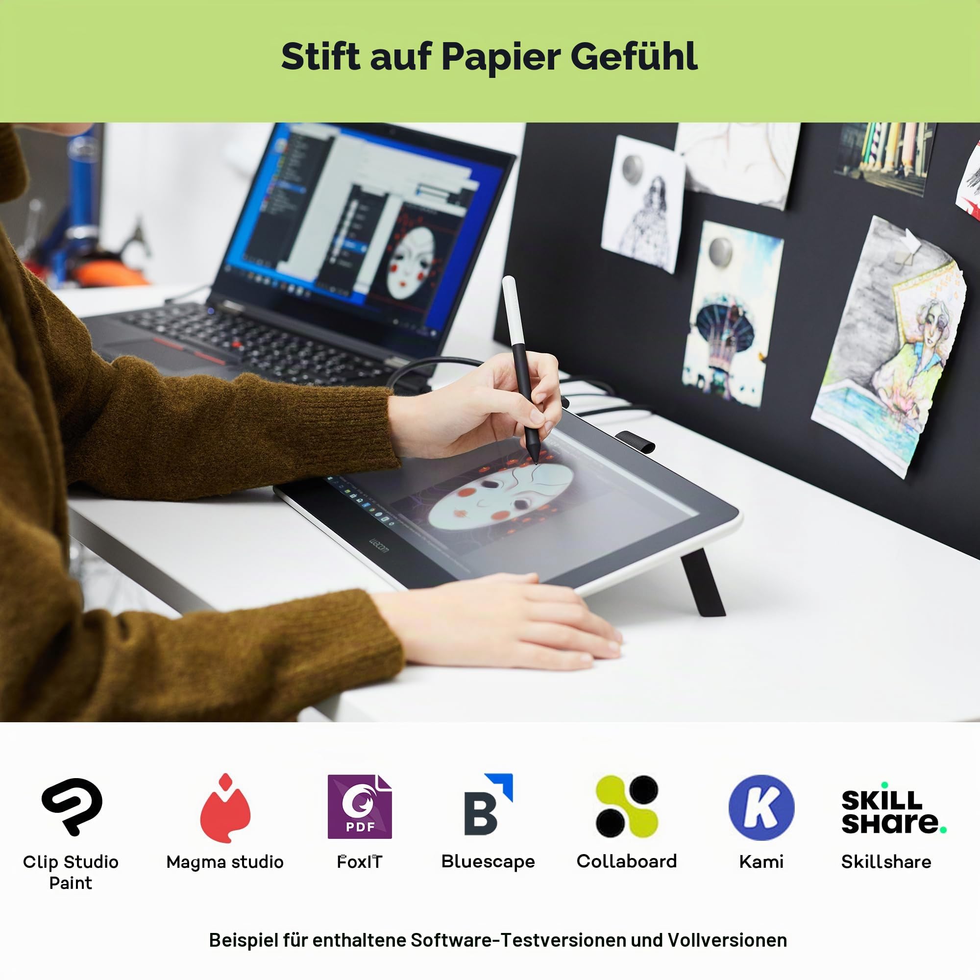 Wacom One Creative Pen Display mit Gratissoftware (zum Skizzieren, Zeichnen auf dem Bildschirm, 13,3 Zoll Full HD (1.920 x 1.080), Stiftpräzision) - Ideal für Home-Office & E-Learning, schwarz