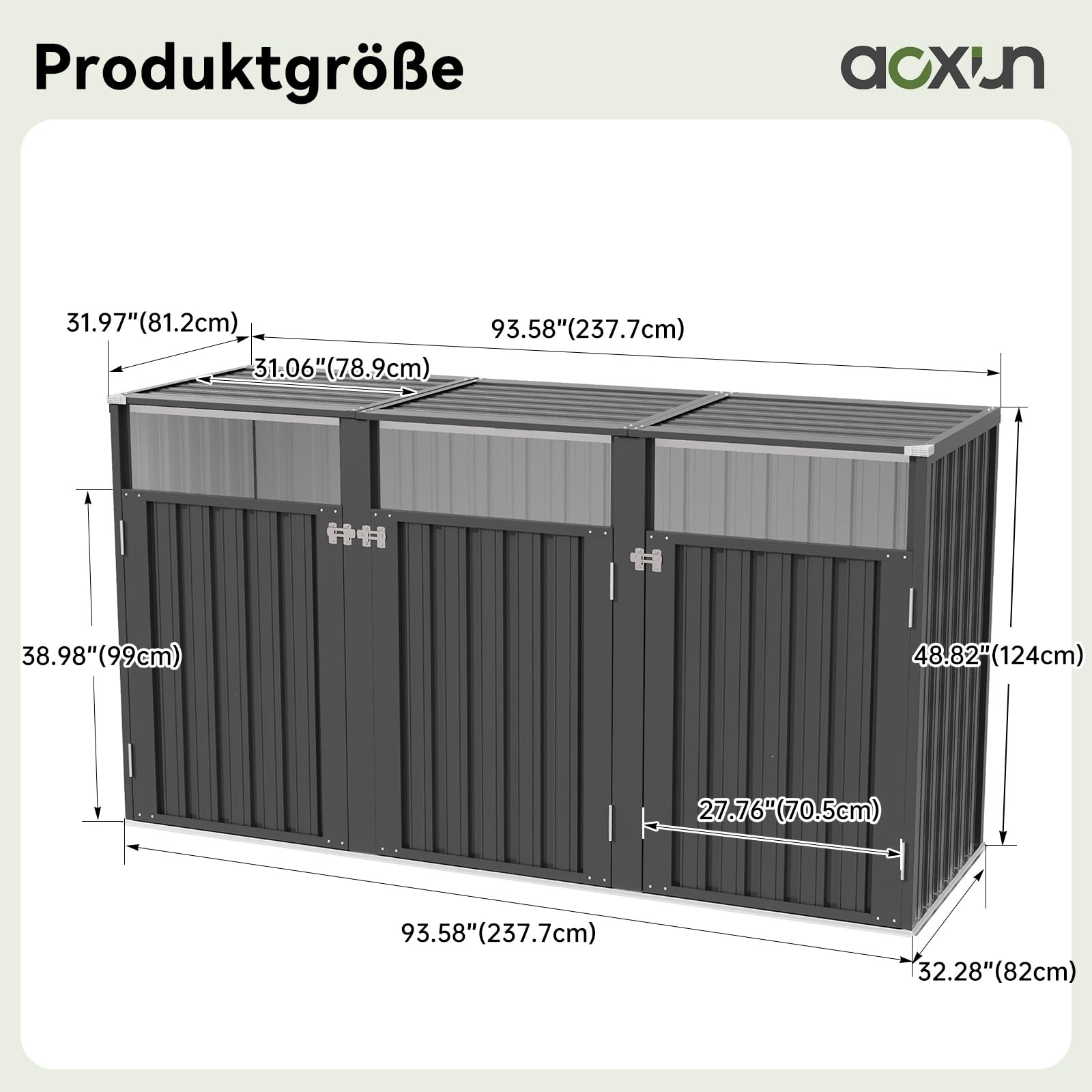Aoxun Mülltonnenbox 3er, Mülltonnenbox aus Stahl für 3 Tonnen, Mülltonnenverkleidung mit Kettendeckel & verstärkter Rückwand, geeignet für 240L Mülltonnen, für Garten & Terrasse, Schwarz