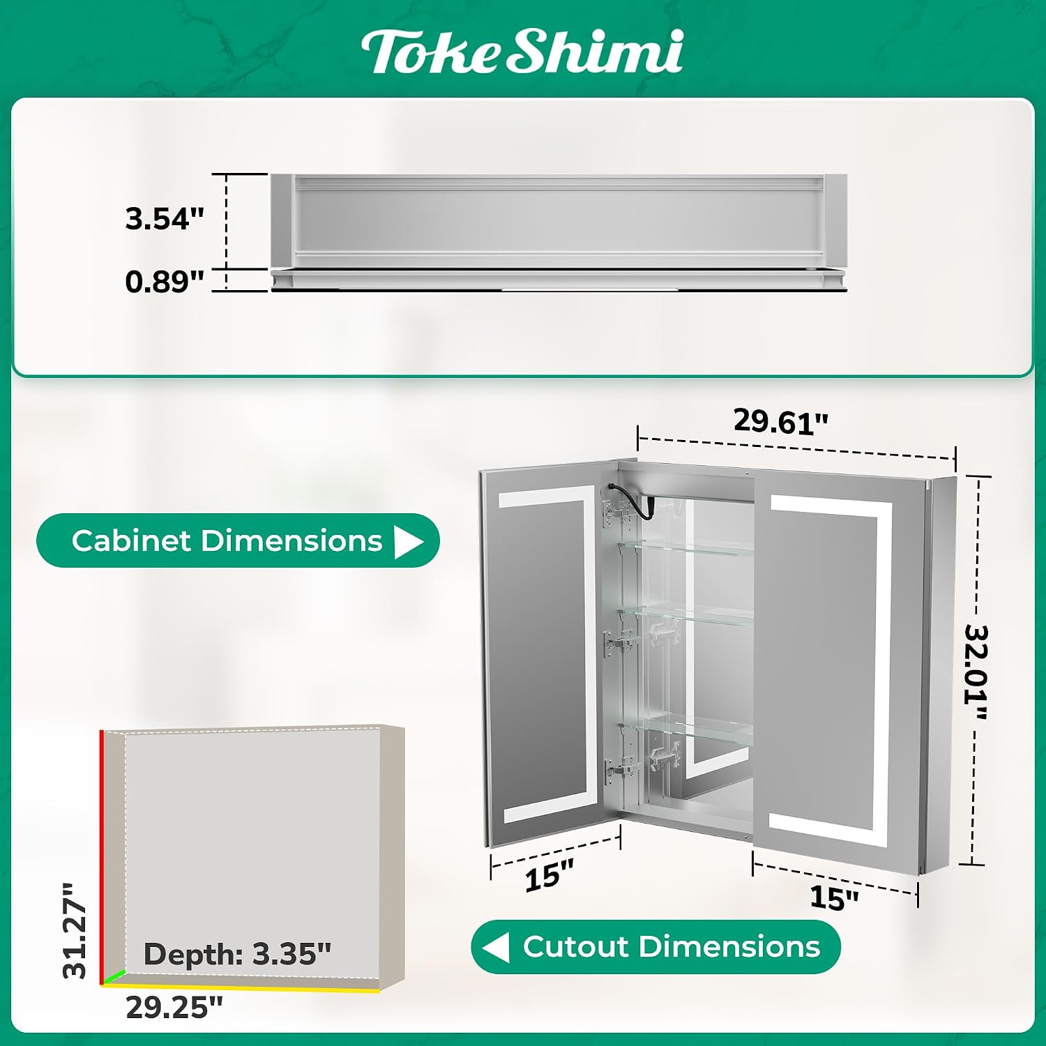 TokeShimi 30 x 32 in Led Medicine Cabinet for Bathroom, 2-Side LED Mirror image 2