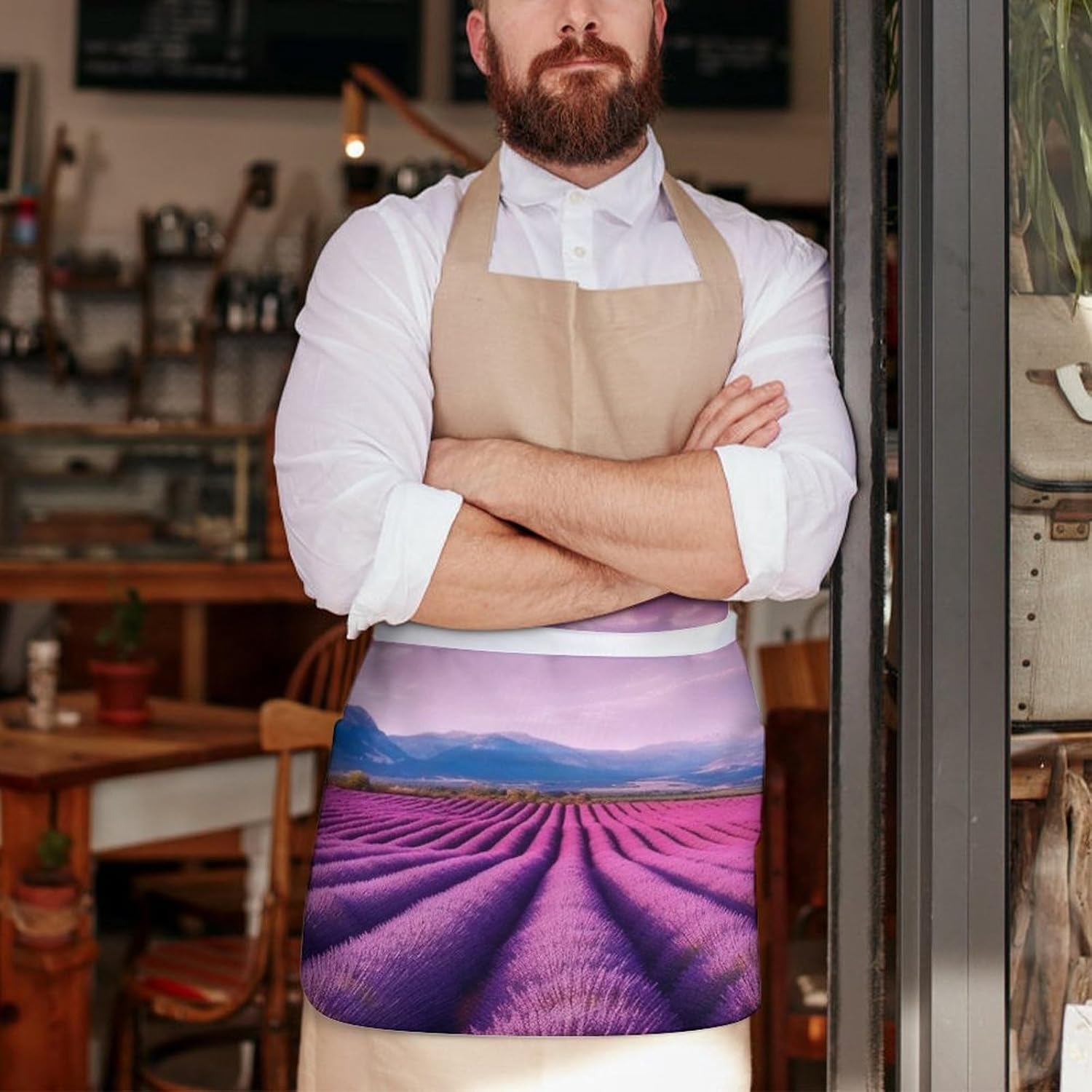 Short Half Waist Apron, Lavender Fields Printed Server Aprons Oil And Water Resistant Half Waist Apron with for Women Men
