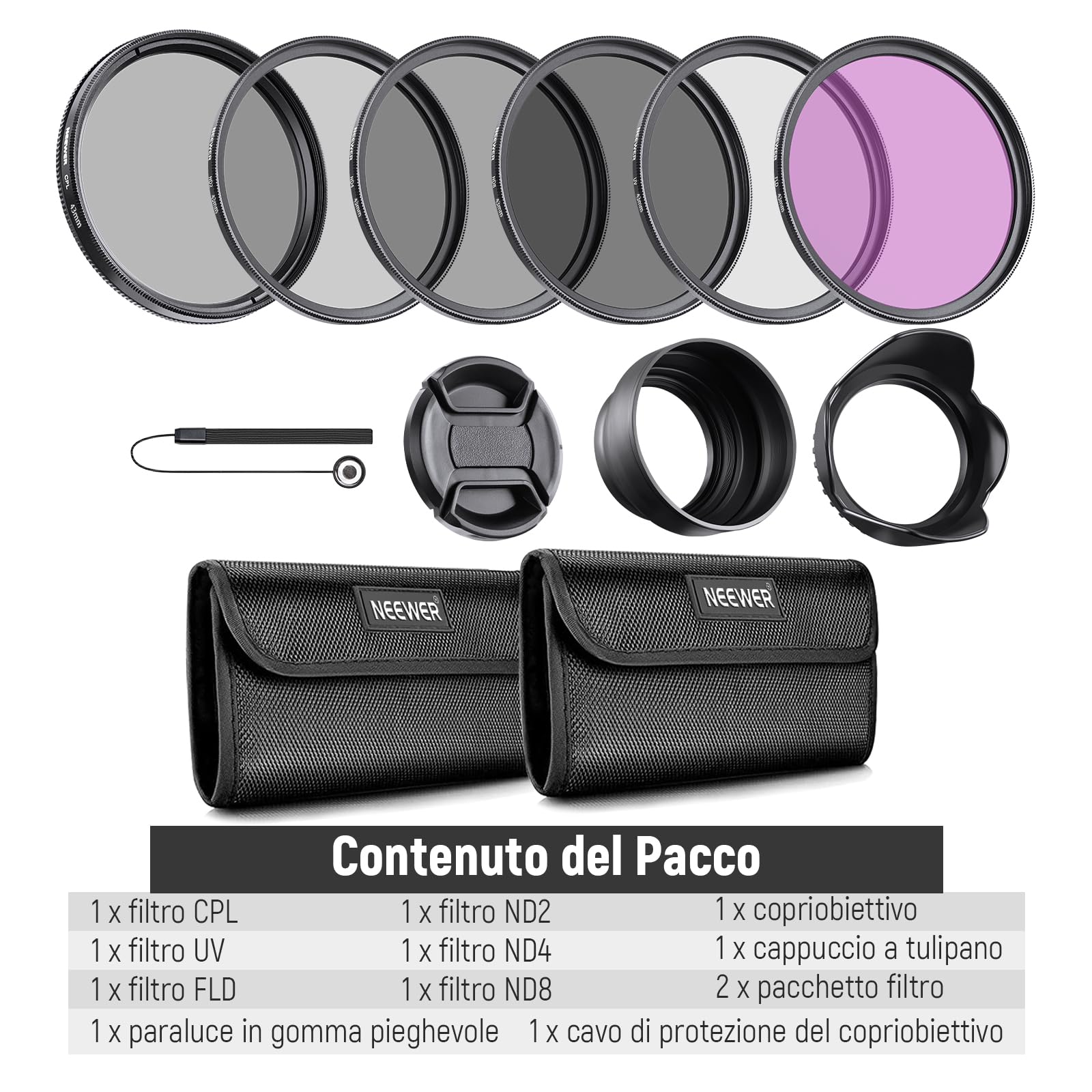 NEEWER Kit di Filtro per Obiettivo da 43mm: UV, CPL, FLD, ND2, ND4, ND8, Paraluce e Copriobiettivo Compatibile con Canon Nikon Sony Panasonic Fotocamere DSLR con Obiettivo da 43mm