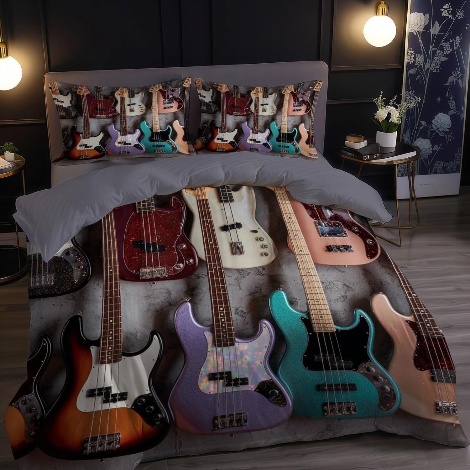 Zestaw poszewek na kołdrę z motywem gitary, super king-size, muzyka rockowa, nadruk 3D, miękka, oddychająca poszewka na kołdrę z mikrofibry, 260 x 220 cm, z zamkiem błyskawicznym i 2 poszewkami na