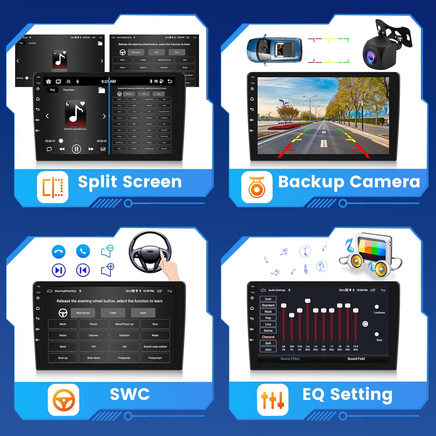 Split Screen, Backup Camera view, Steering Wheel Control (SWC) setup, and Equalizer (EQ) settings on the car radio display.