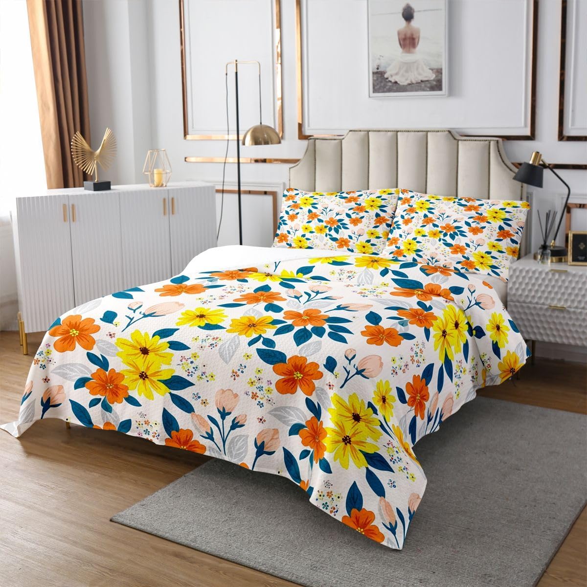 jejeloiu Floral Bedspread Quilts Chic Yellow Flower Coverlet Set Queen Size for Kids Boys Girls Girls Flower Quilted Coverlet for All Season with 2 Pillowcases Boho Microfiber