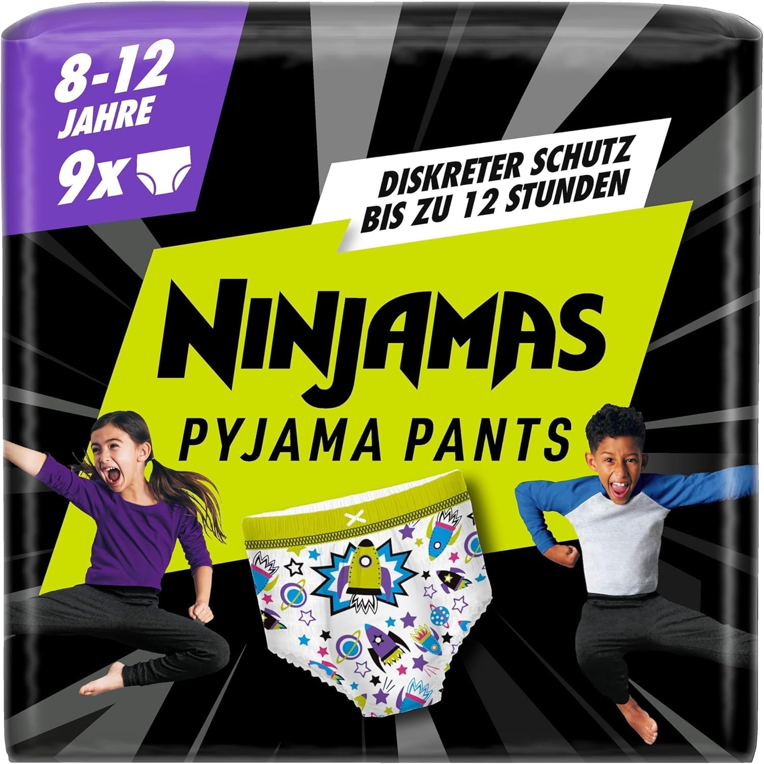 Ninjamas Pyjama Pants Raumschiff, 9 absorbierende Nachthöschen, 8 Jahre, 27kg-43kg, Auslaufschutz für die ganze Nacht