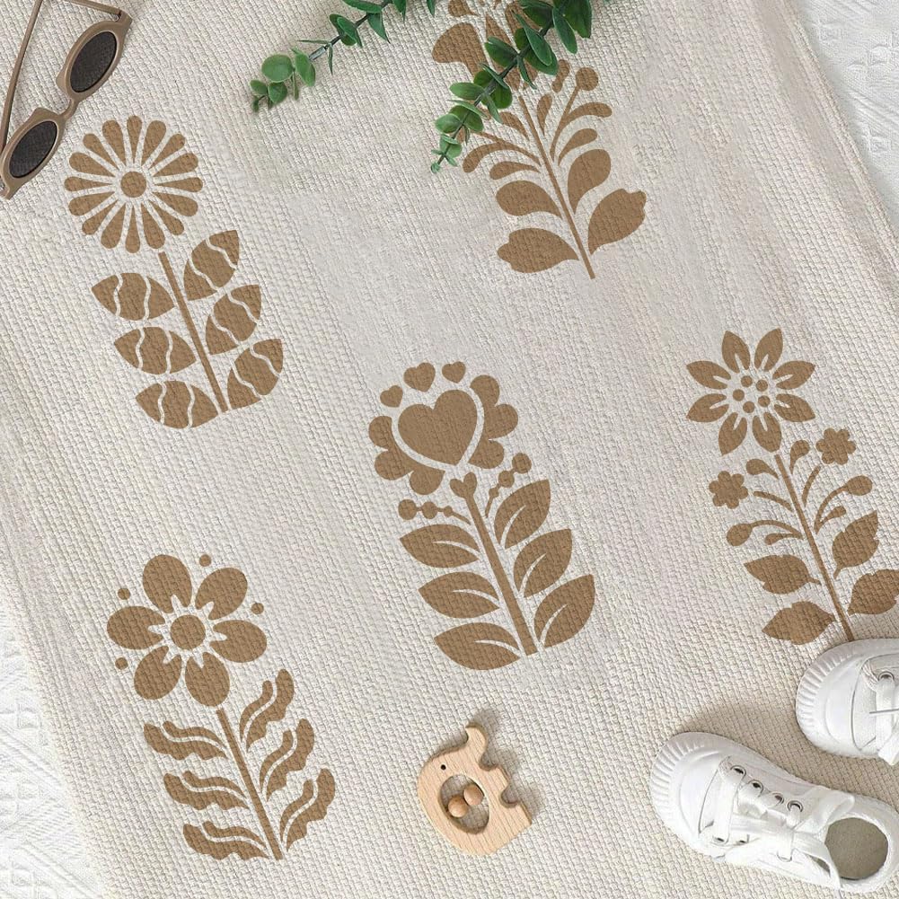 FINGERINSPIRE 6PCS Traditional Folk Stencils with a Brush 7.9x7.9inch Flowers Horses Rabbit Painting Stencil Animal Stencils Flowers Template for Crafts Fabric Furniture DIY Decor