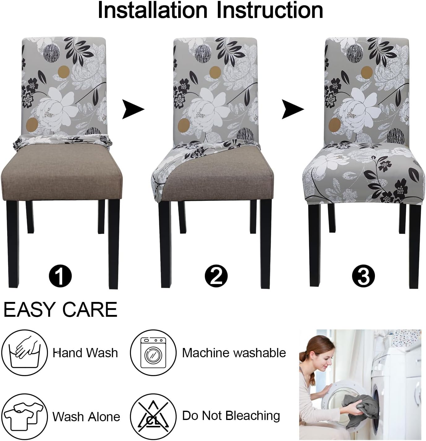Set of 6 Beige Floral Stretch Dining Chair Covers