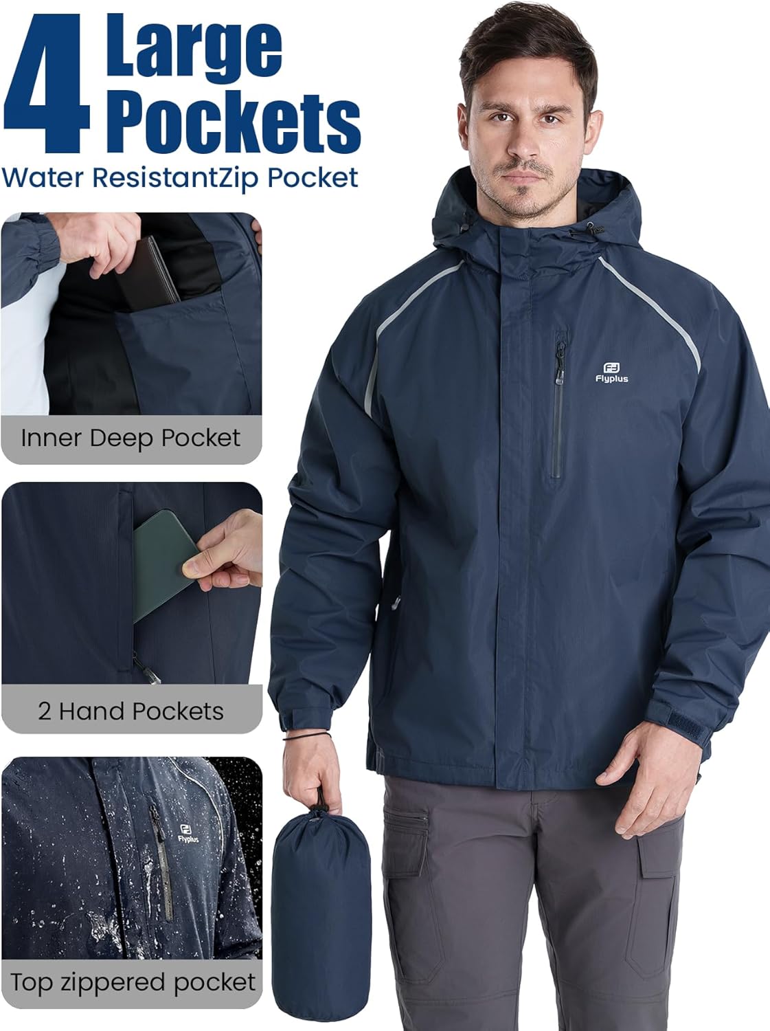 Men‘s Reflective Rain Jacket,Water-Resistant Lightweight Windbreaker with Hood,Packable for Hiking,Cycling