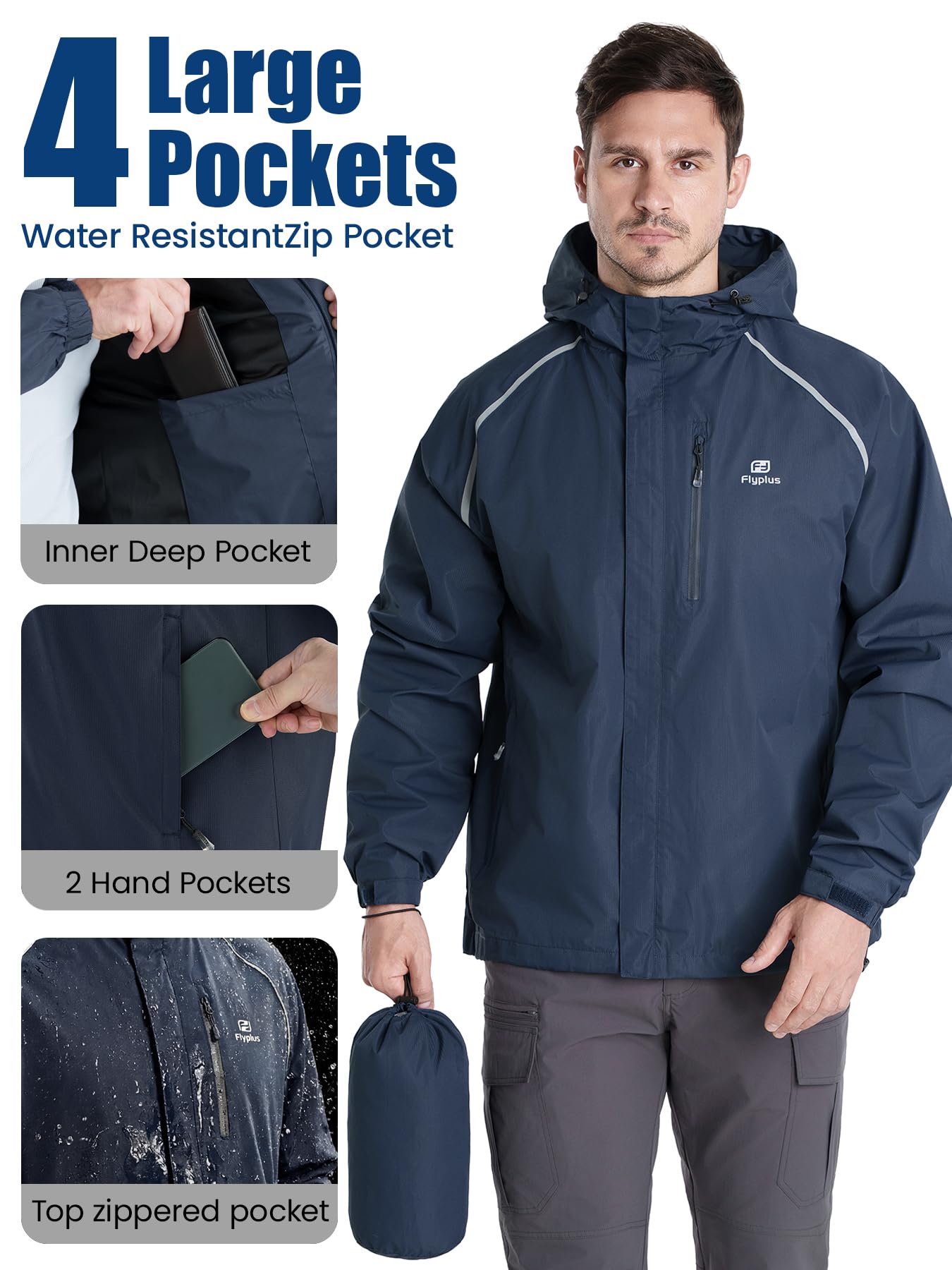 Veste de pluie pour homme, légère, imperméable, pliable, avec capuche, veste réfléchissante pour vélo, coupe-vent, respirante, pour randonnée, course à pied, camping en plein air