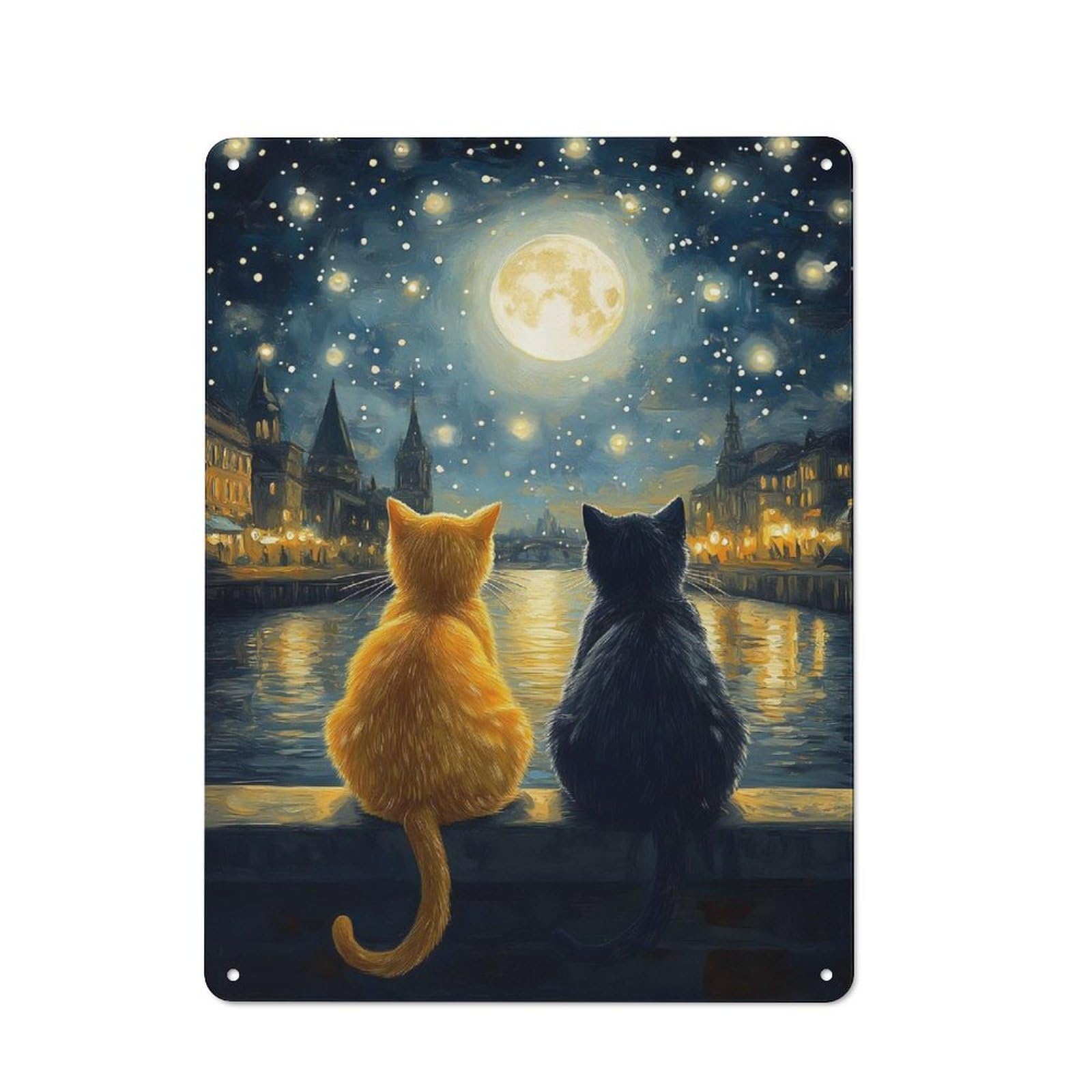 Vintage Metal Plaque 40x30cm Featuring Starry Night Cats Romance, Diner Style Decor for Restaurant, Kitchen, Counter Or Breakfast Nook