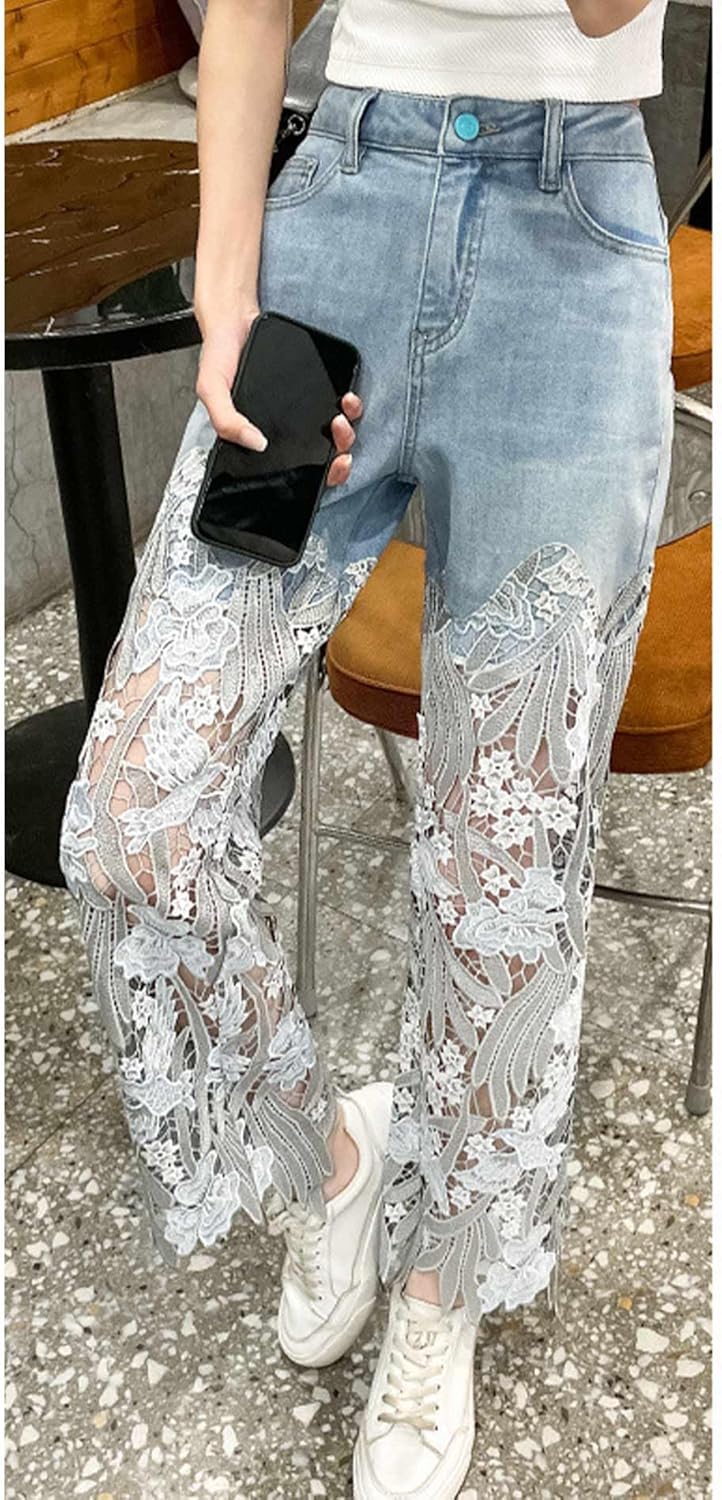 xxxiticat Women's Lace Denim Pants High Waisted Hollow Out Asymmetric Floral Patchwork Ripped Straight Leg Jeans Trouser - Image 2