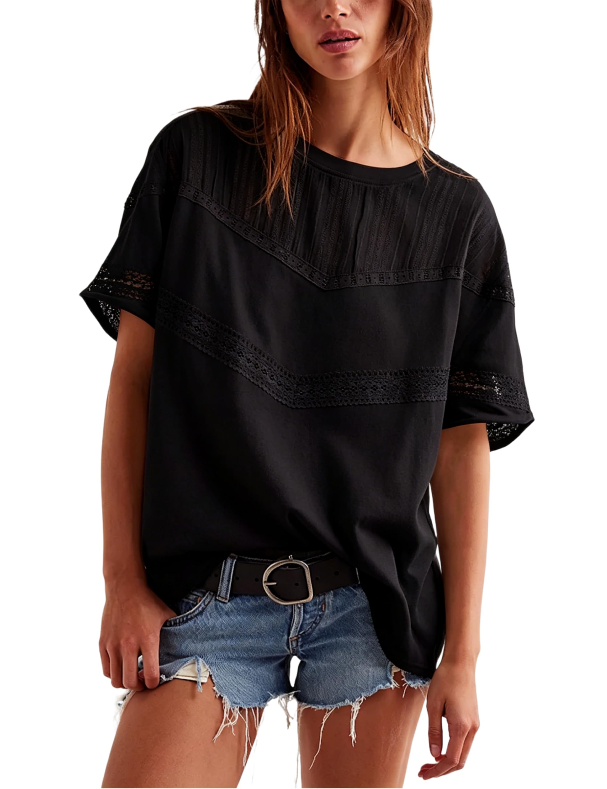 Yidarer Women Summer Oversized Lace Cotton Tops Crew Neck Short Sleeve Cute Shirts Casual Boho Crochet Blouses