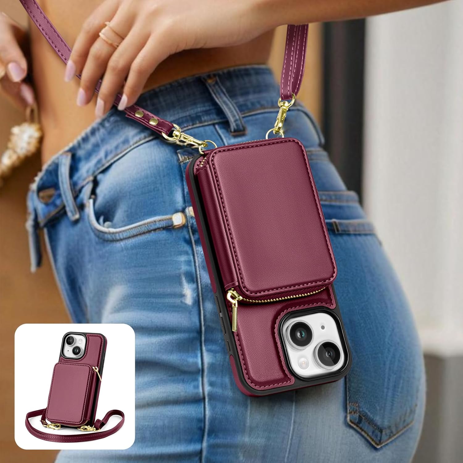 SkyEagle Compatible with iPhone 15 Wallet Case for Women【RFID Blocking】 Crossbody Phone Case PU Leather Zipper Handbag Wrist Strap Cover Credit Card Holder,for Apple 15 6.1",Wine Red