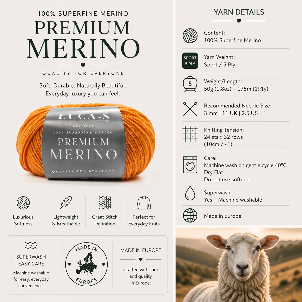 Superwash Baby Merino - Set di 10 gomitoli di lana merino a 4 strati, 100% pura lana merino extra fine, gomitolo da 50 g