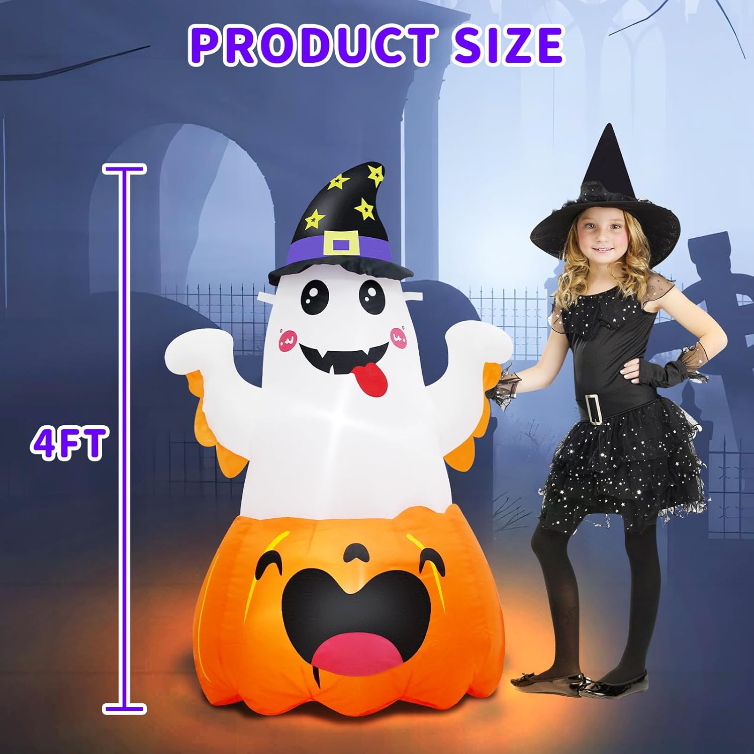 4FT Halloween Inflatables Pumpkin Ghost Outdoor Decorations,Blow Up Yard Cute Wizard Ghost with Pumpkin with Built-in LEDs for Garden Lawn Indoor Party Holiday Decor