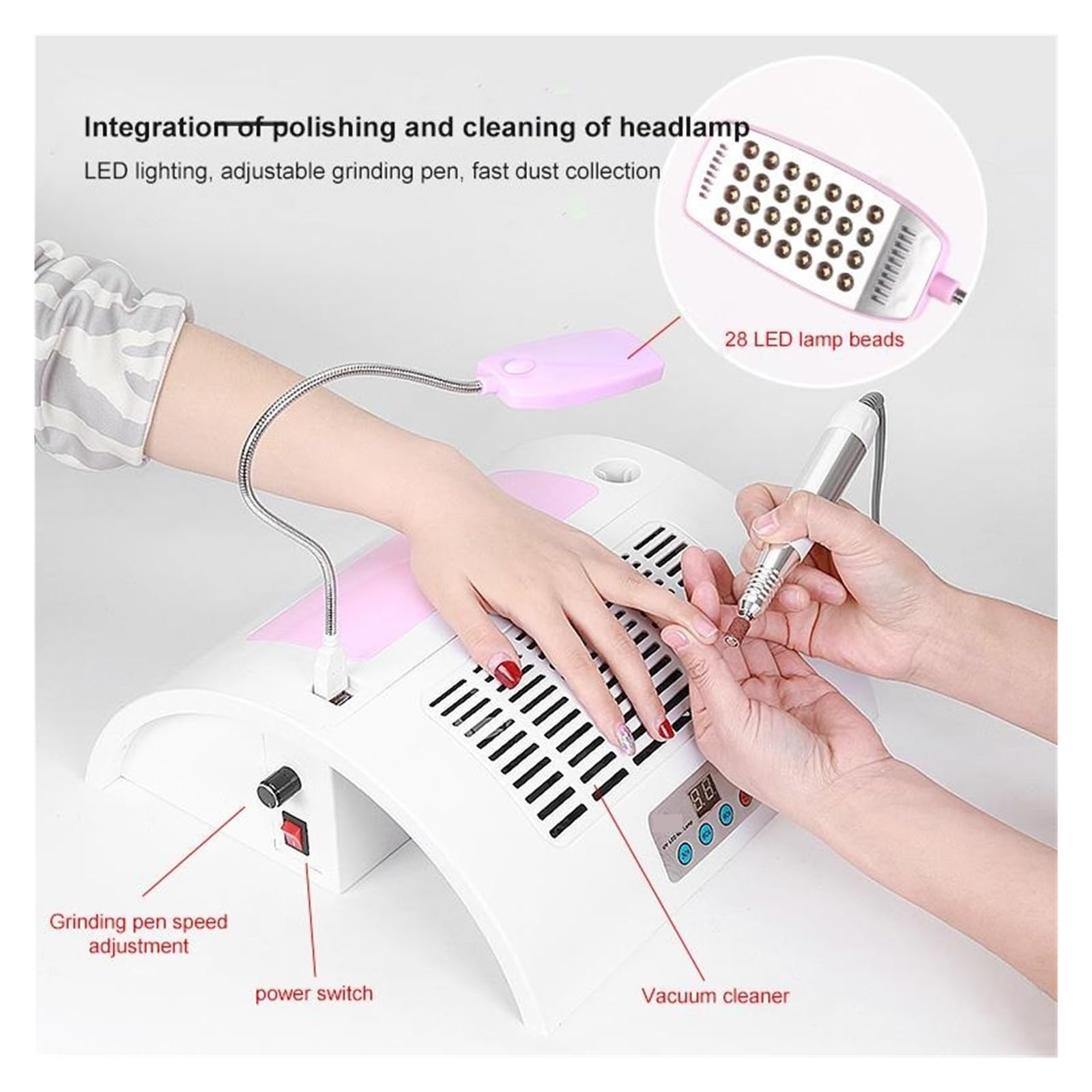 Odpylacz do paznokci, Lampa UV do paznokci Odkurzacz Wielozadaniowa maszyna Manicure Nail Art Suszarka 5 w 1 Polerka Akcesoria