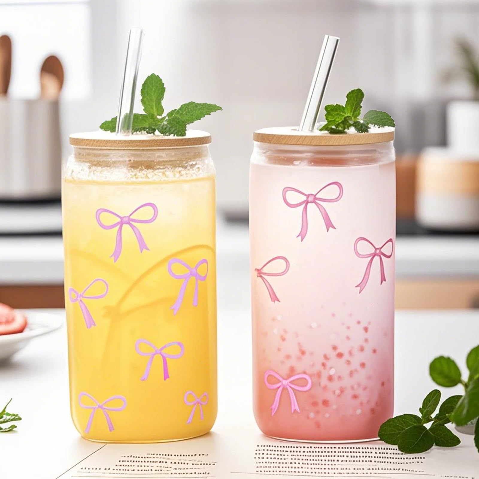 BOW Glasbecher 16 Oz Mit Deckel & Strohhalm – Elegantes Geschenk Für Beste Freundin, Perfekt Für Kaffee & Cocktails