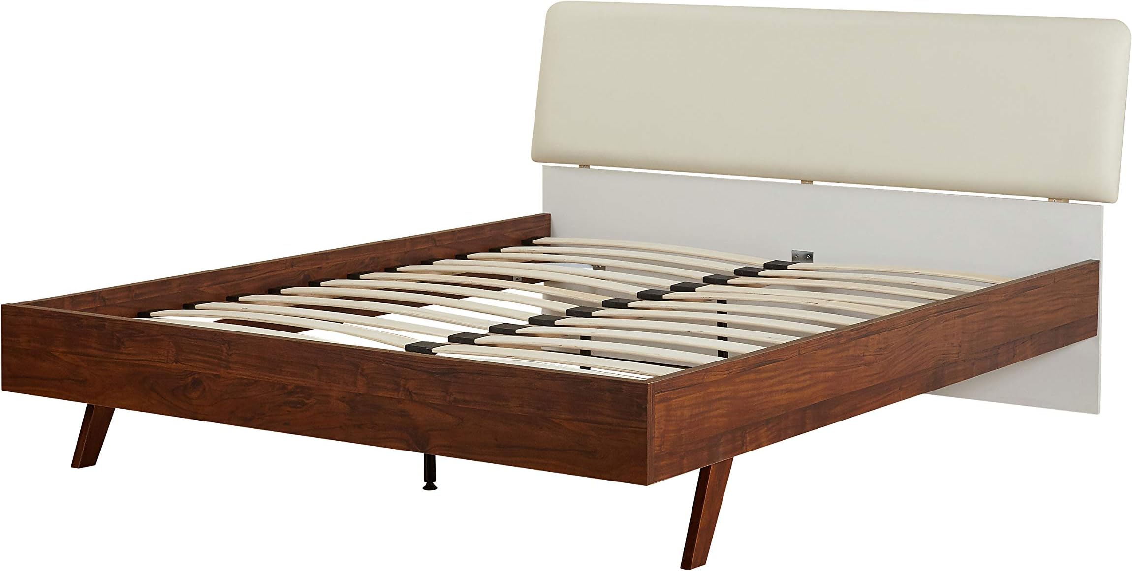 Target Marketing Systems Cassie Mid Century Modern Platform Bed with Upholstered Headboard, Queen, Walnut/White