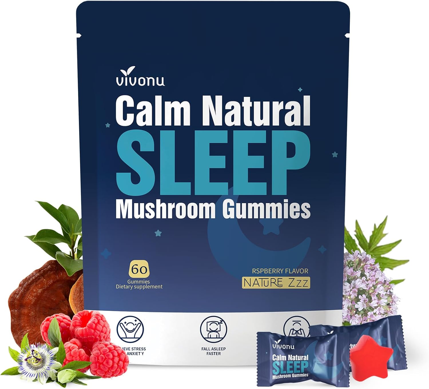 Sleep Gummies Melatonin Free with L-Theanine, Magnesium, Reishi Mushroom,Valerian Root, Passionflower | Non-Habit Forming Sleep Aid | Non-GMO Sleep Gummies for Adults | Raspberry Flavor (60pcs) - Image 8