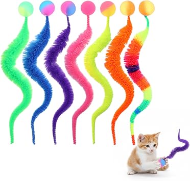 Toy Balls for Cats, 7 Packs Rainbow Interactive Cat Toy Balls Colorful Fuzzy Worm Ball with Tail for Indoor Cats