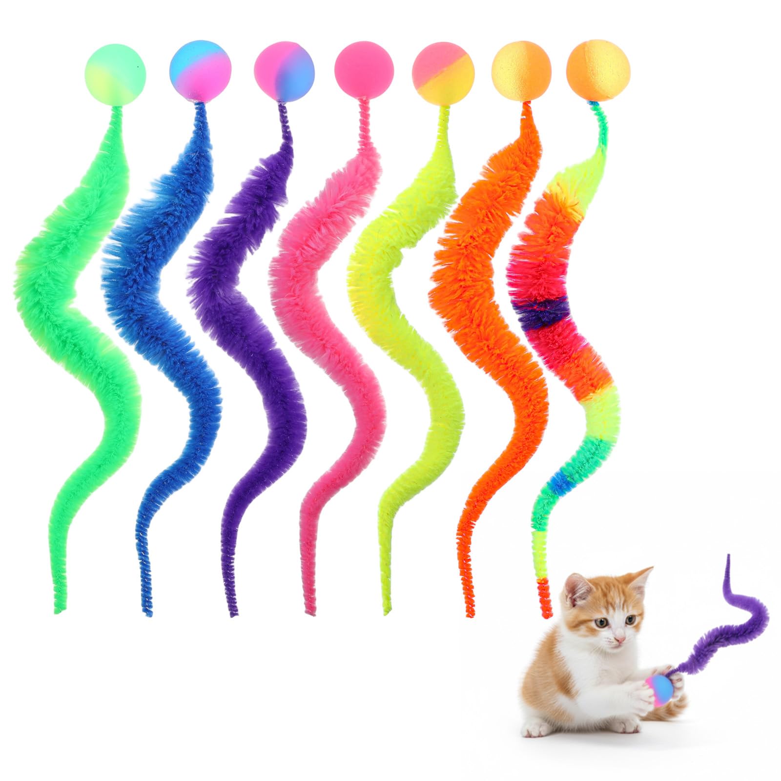Ezymivs Toy Balls for Cats, 7 Packs Rainbow Interactive Cat Toy Balls Colorful Fuzzy Worm Ball with Tail for Indoor Cats