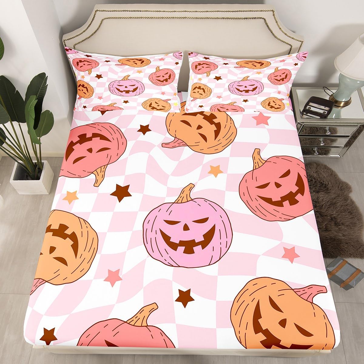 Feelyou ピンク ハロウィン ベッドシーツセット フルサイズ ハロウィン 装飾 ベッドセット 子供 男の子 女の子 パンプキン