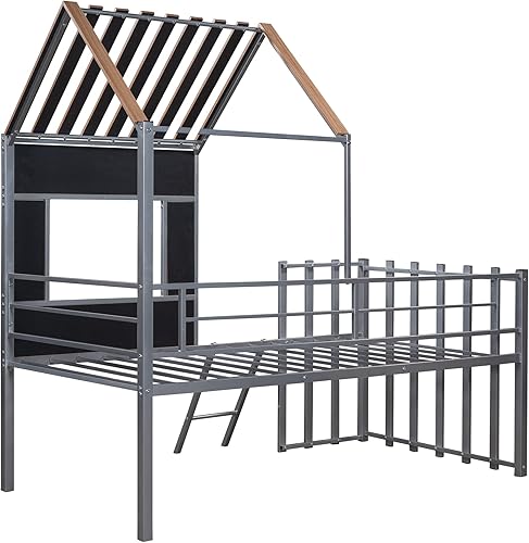 Miniatura 34 de Harper & Bright Designs Junoir - Cama tipo loft de metal tamaño individual para niños, cama baja con techo y escalera, cama tipo loft individual