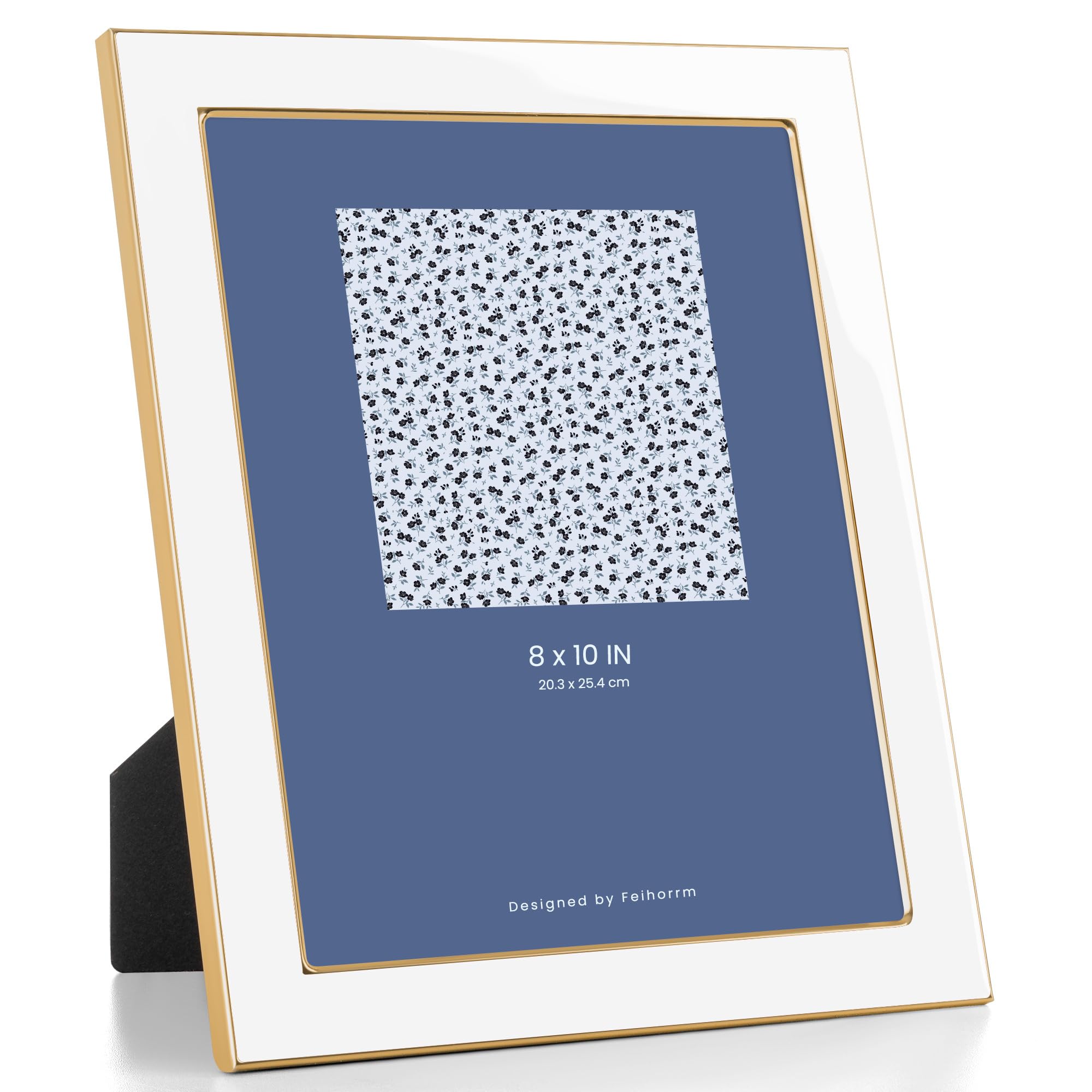 Feihorrm 8x10 Photo Frame, White Enamel Frame with Gold Metal Edge, HD Tempered Glass Picture Frame, Vertical & Horizontal Display, Tabletop & Wall Mount Decor