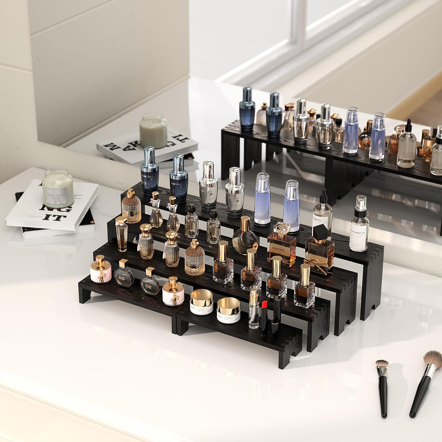 4 Set Large Black Wooden Tiered Riser Display Stands for Vendor Events,Stackable Wooden Cupcake Stand,Farmhouse Decor Wood Dessert Table Display Set,Vendor Booth Display Items,Food Display Risers for Party（12-11.2-10.4-9.6IN）