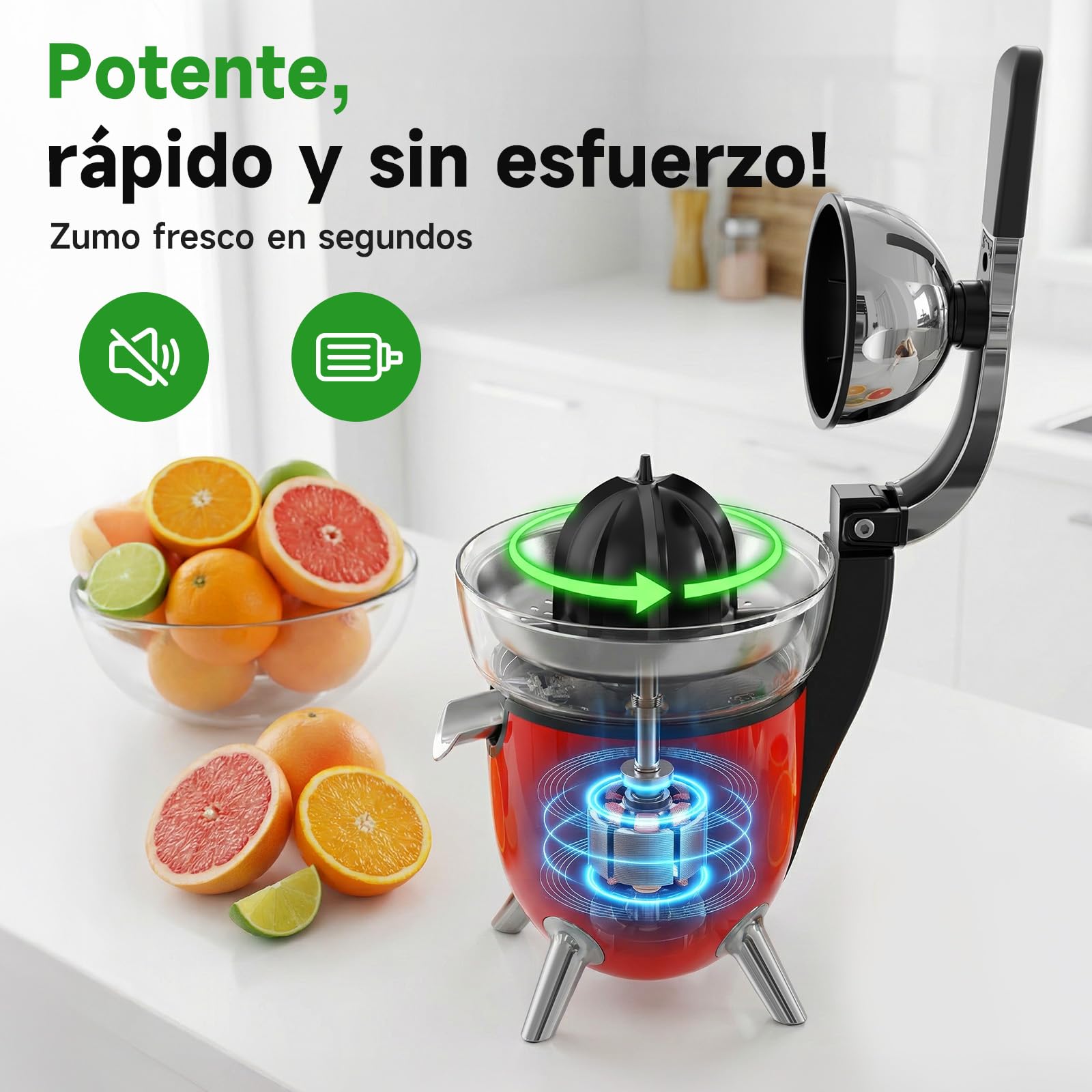 Woox Exprimidor de Naranjas Electrico, con Brazo de Palanca, 100W, Exprimidor Electrico Silencioso con 2 Conos para Limones y Pomelos, Boquilla Antigoteo, Sin BPA, Desmontable y Fácil de Limpiar