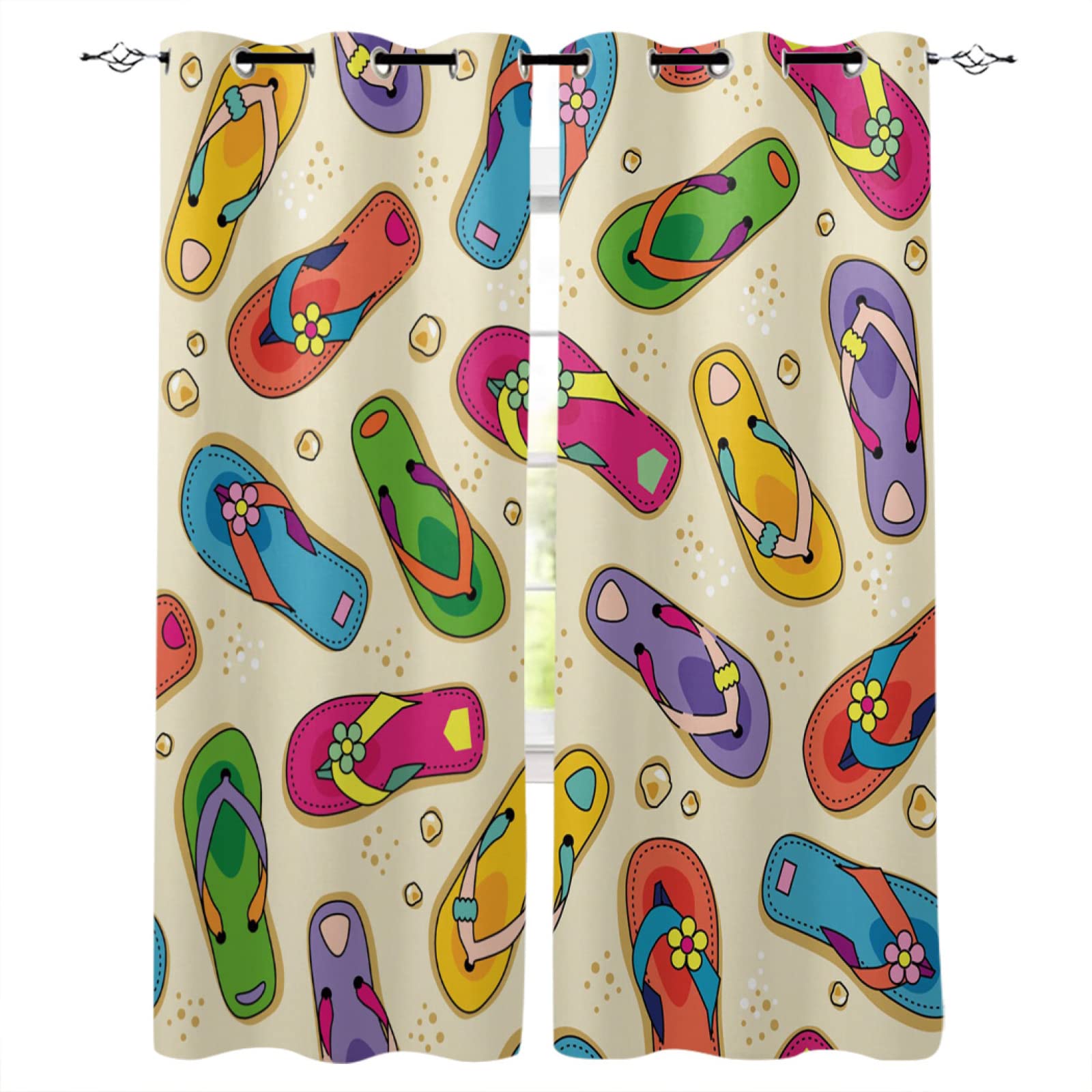 Slippers Colorful Flip Flop Blackout Window Curtain, Leisure Beach 3D Printed Drapes, 2 Panels Window Curtains, Darkening Curtains with Top Grommet