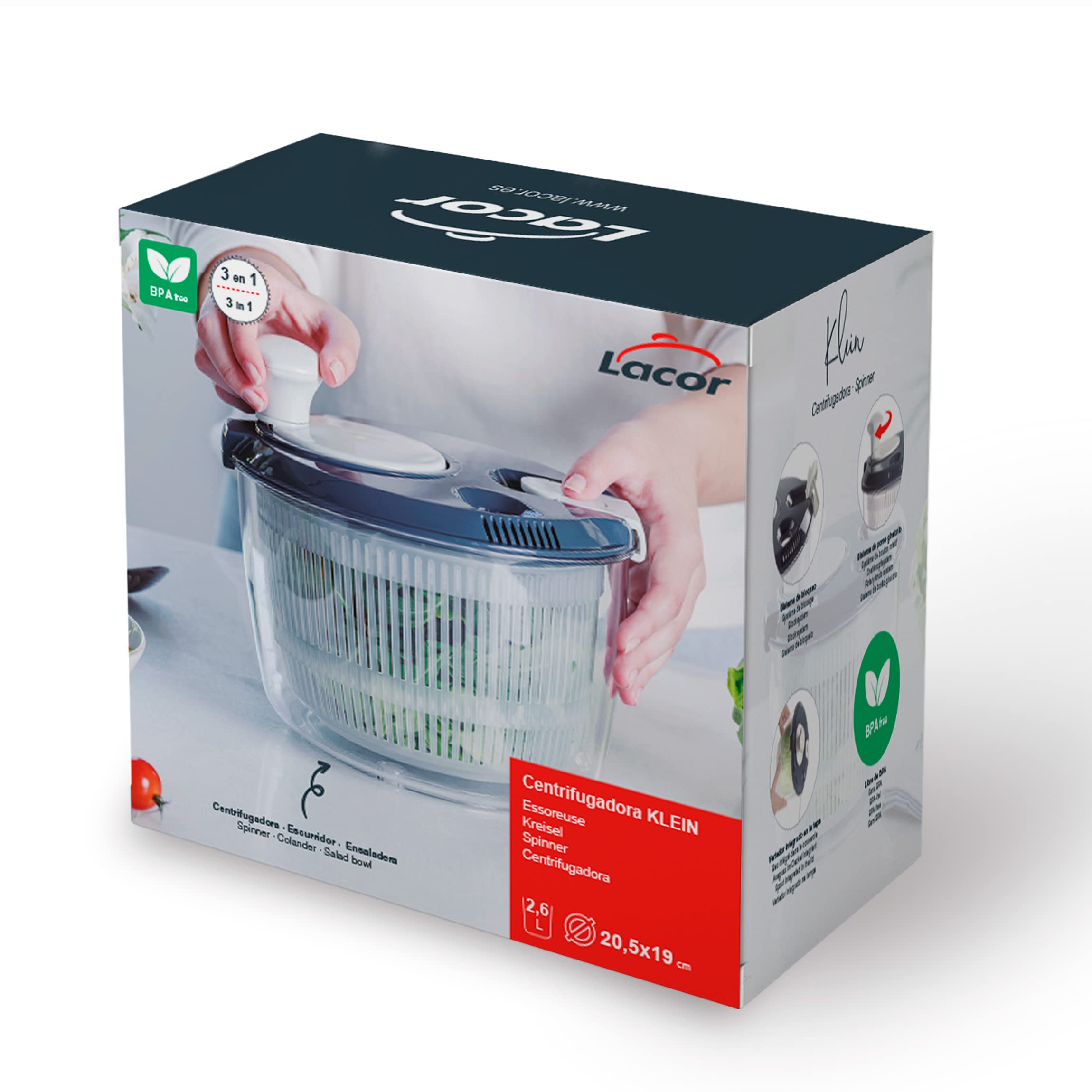 Lacor - 61422 - Centrifugadora KLEIN de Gran Velocidad, Pomo Giratorio, Sistema de Bloqueo, 3 piezas: Escurridor, Rejilla, Bol, 100% libre BPA, Ø 20,5 x 19 cm, Gris
